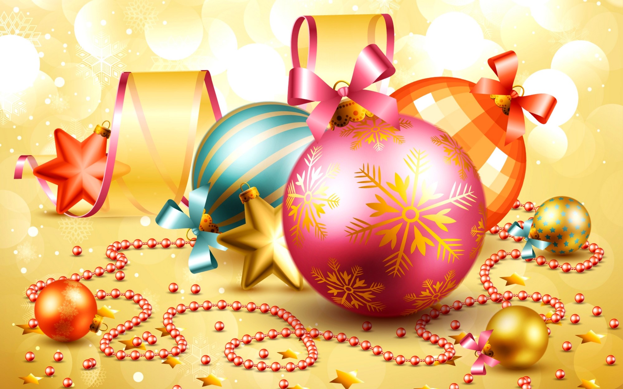 Christmas ornaments and decorations on a golden background HD Wallpaper
