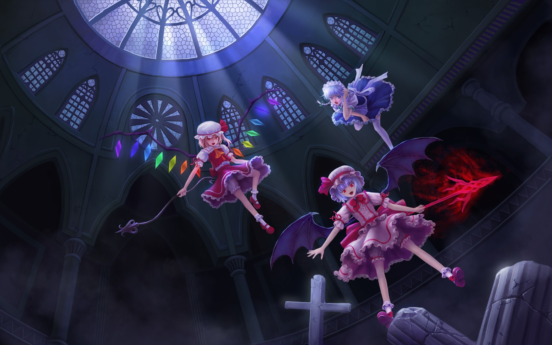 Touhou Collection: Three girls in a gothic cathedral HD Wallpaper