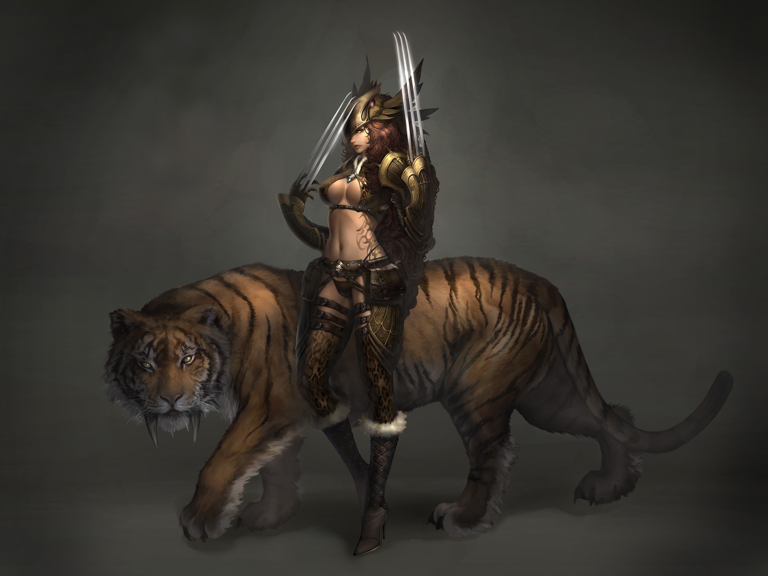 Warrior woman with saber-toothed tiger from Atlantica Online HD Wallpaper