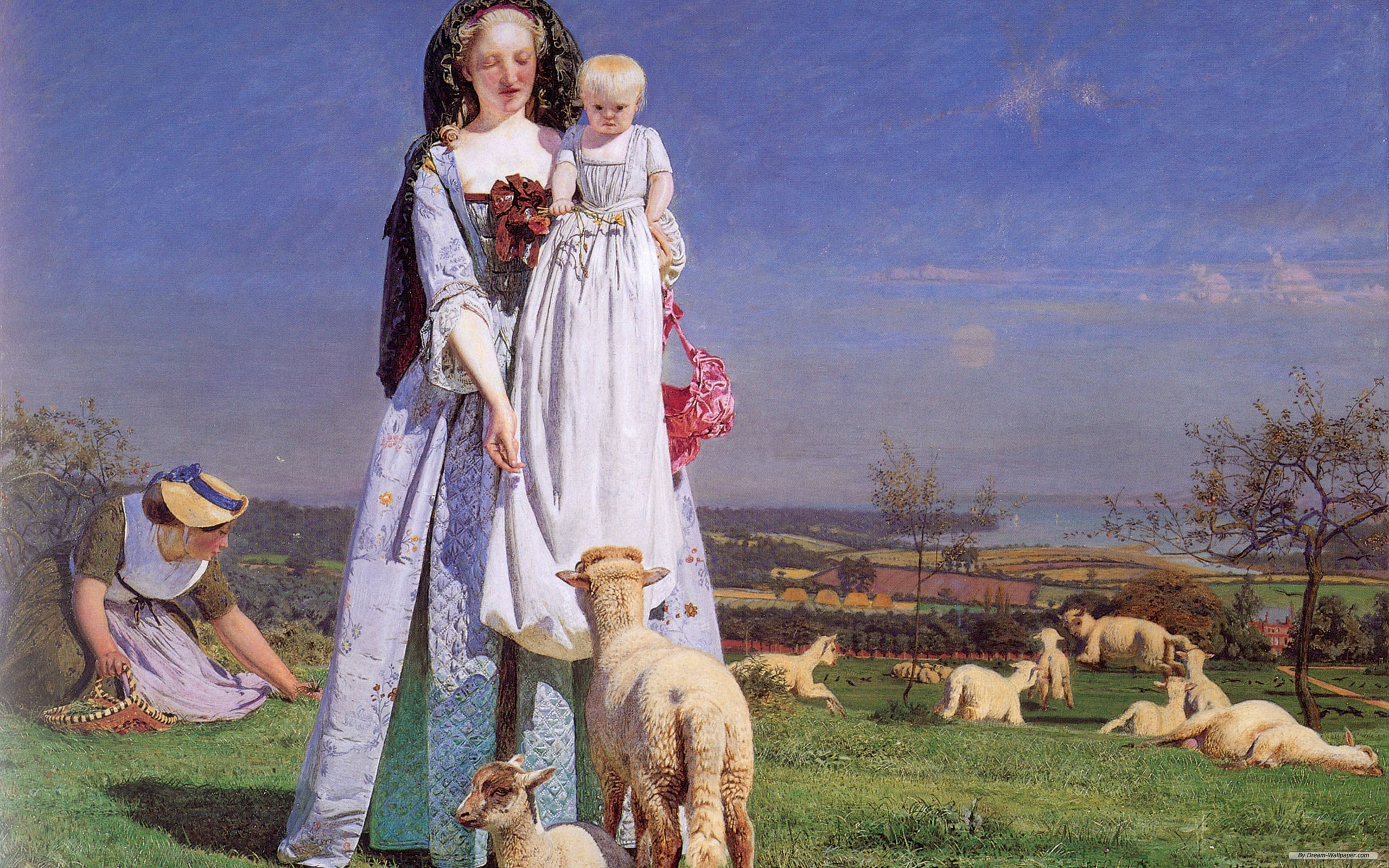 Woman holding a baby with sheep in a landscape HD Wallpaper