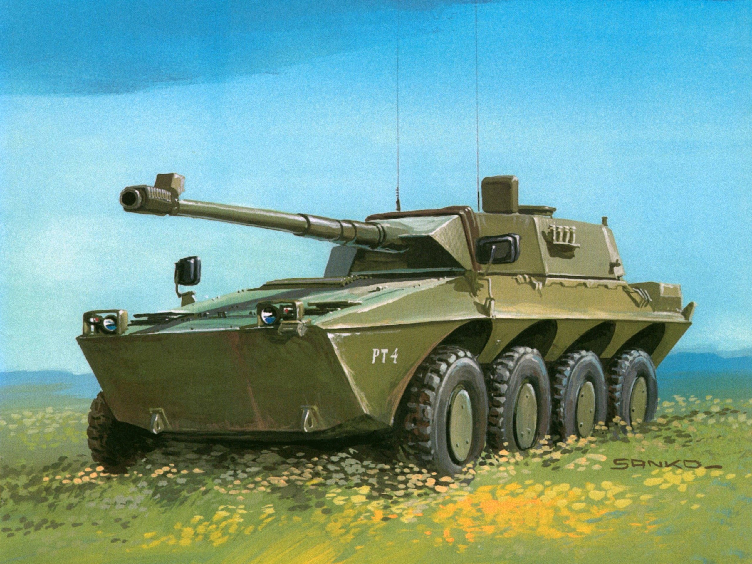 Painting of a green armored vehicle in a field HD Wallpaper