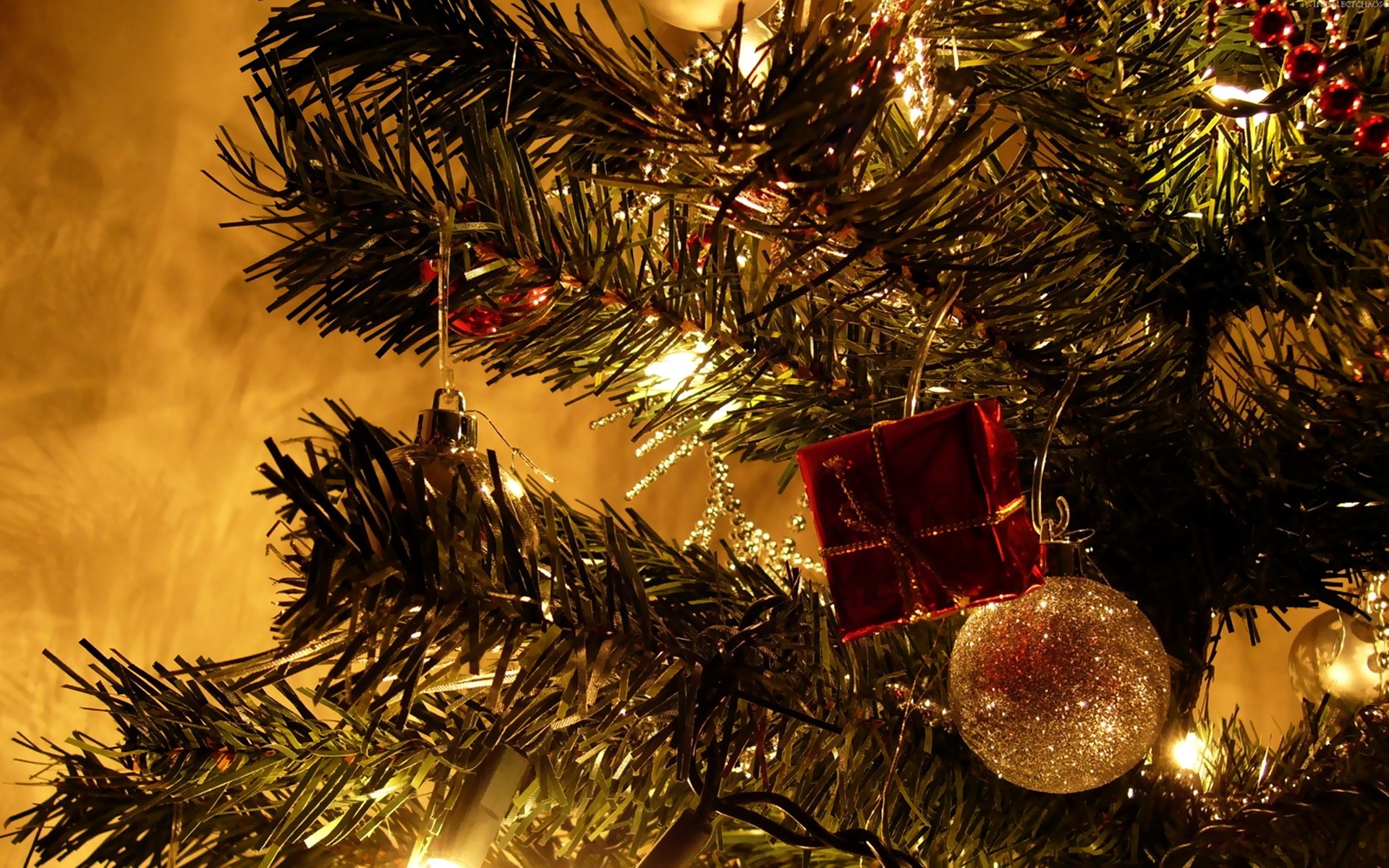 Christmas tree with ornaments and lights HD Wallpaper