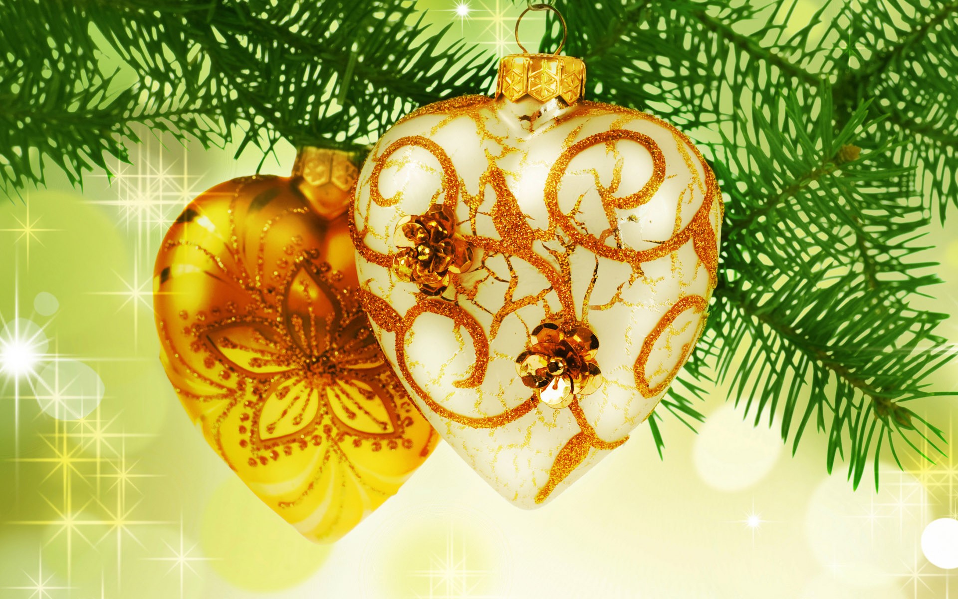 Christmas Ornaments on a Pine Branch HD Wallpaper