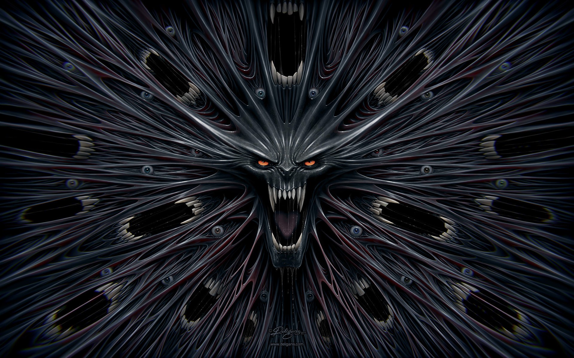 Demonic creature with multiple eyes and fangs HD Wallpaper