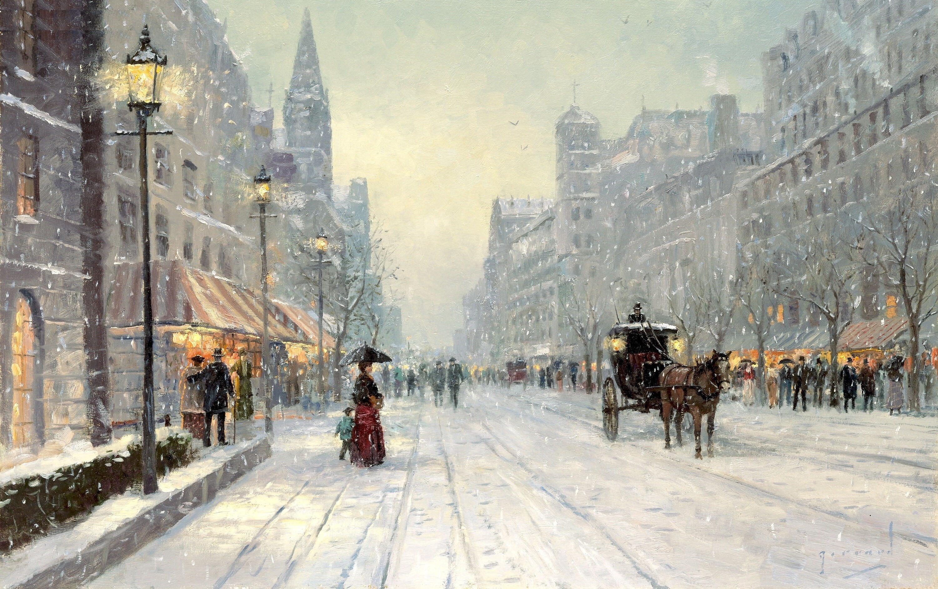 Winter street scene with horse-drawn carriage and pedestrians HD Wallpaper