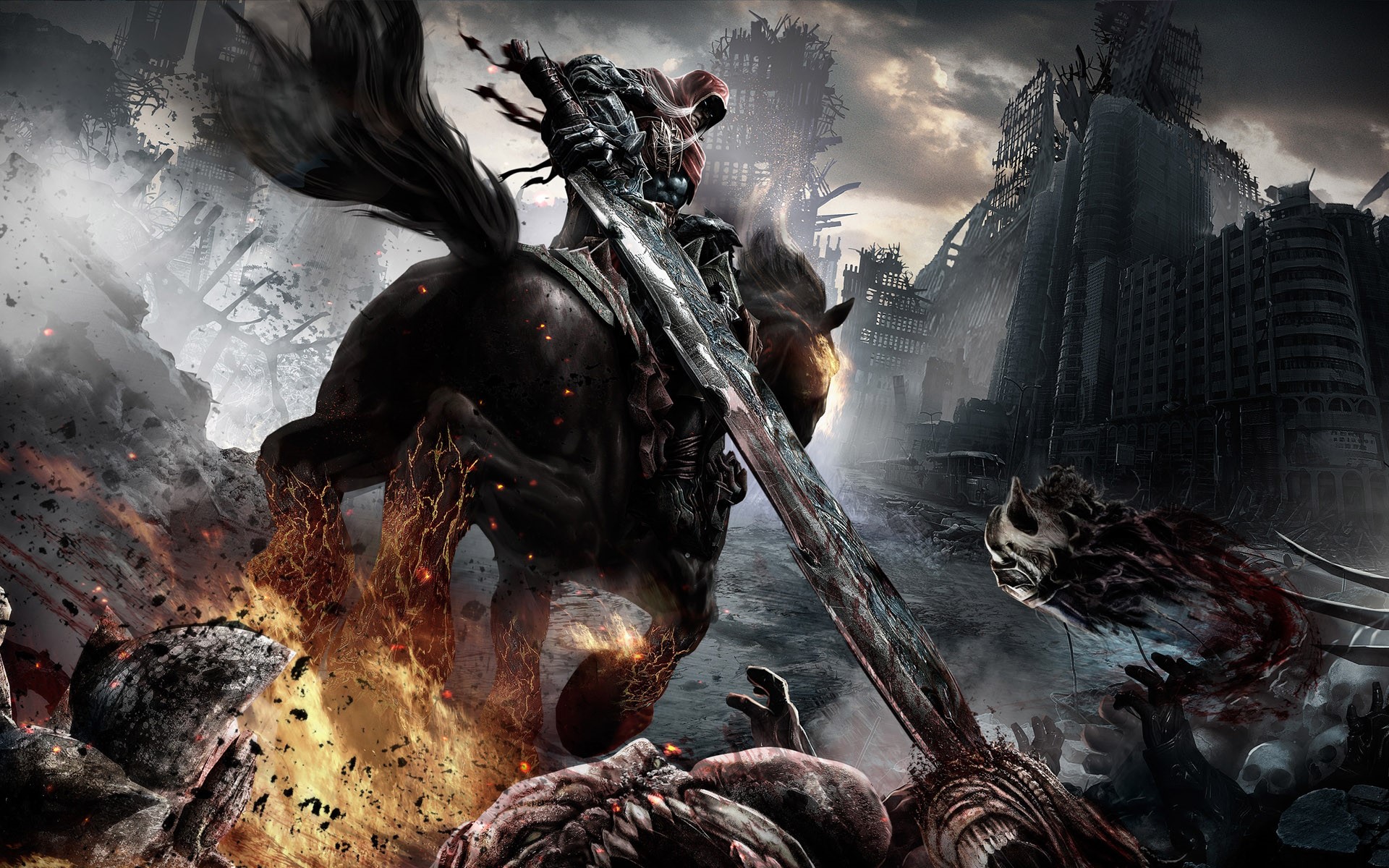 War from Darksiders on horseback in a ruined city HD Wallpaper