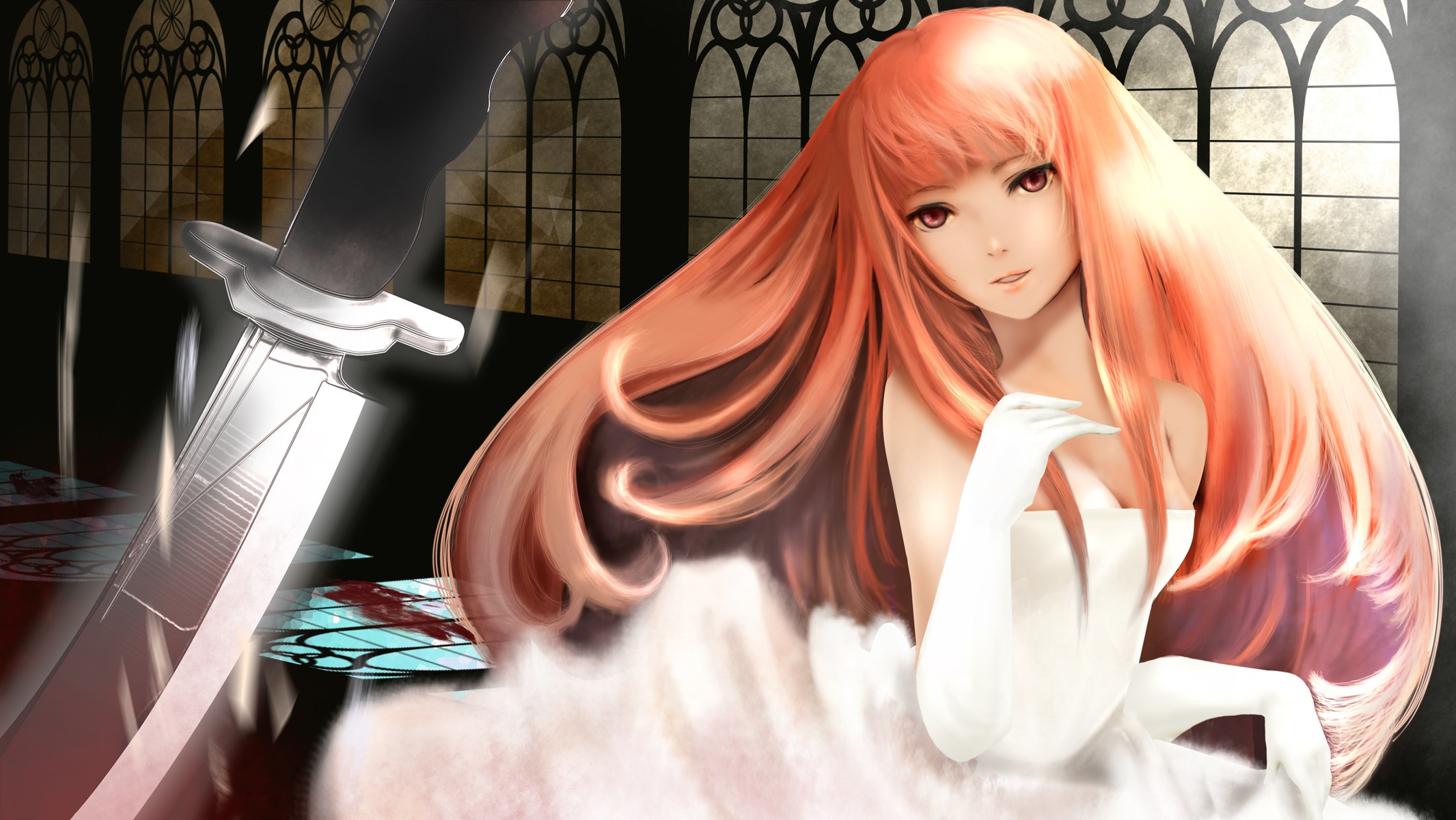 Girl with orange hair and a knife in a gothic room HD Wallpaper