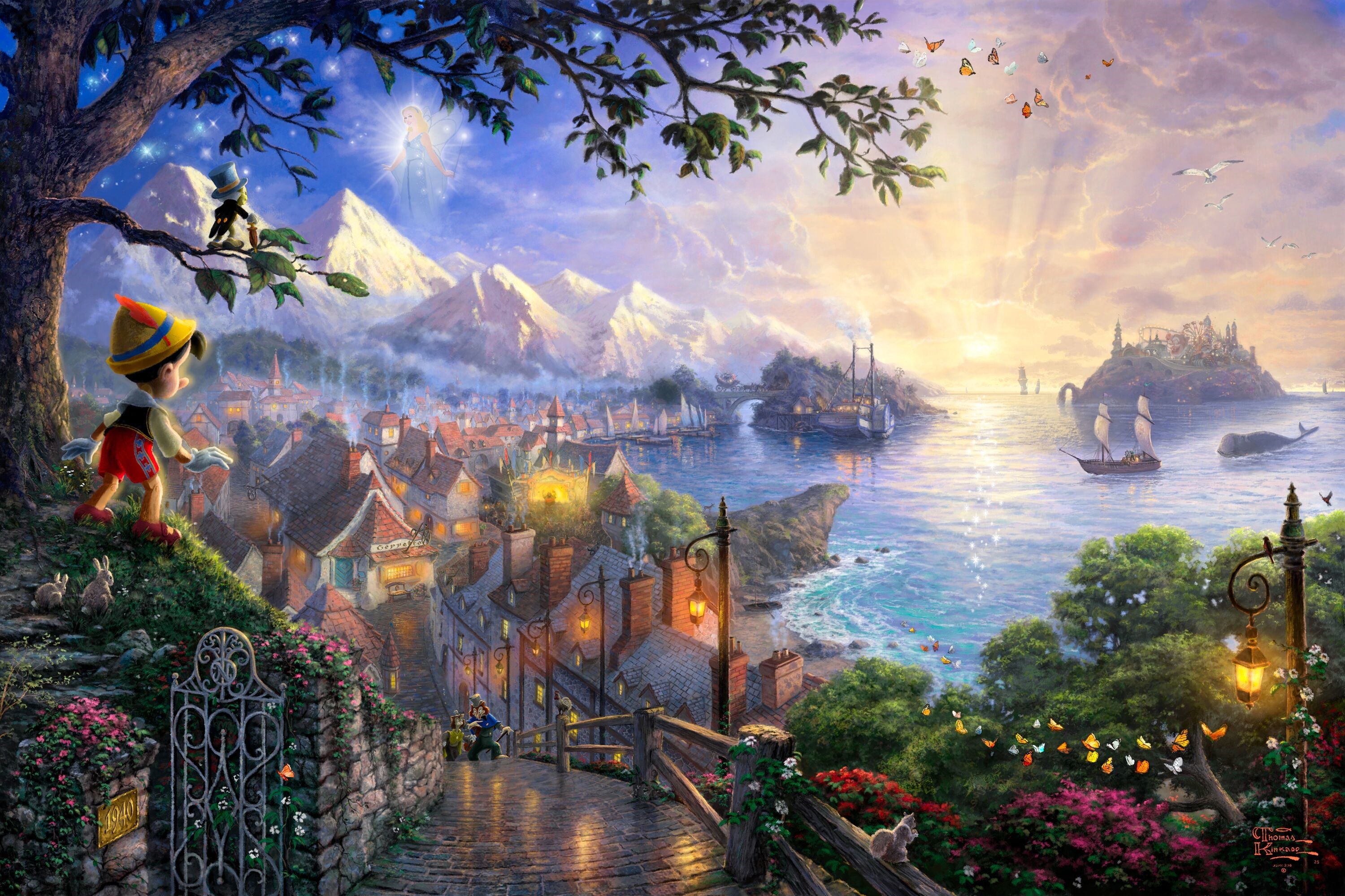 Pinocchio and the Blue Fairy in a Coastal Town HD Wallpaper