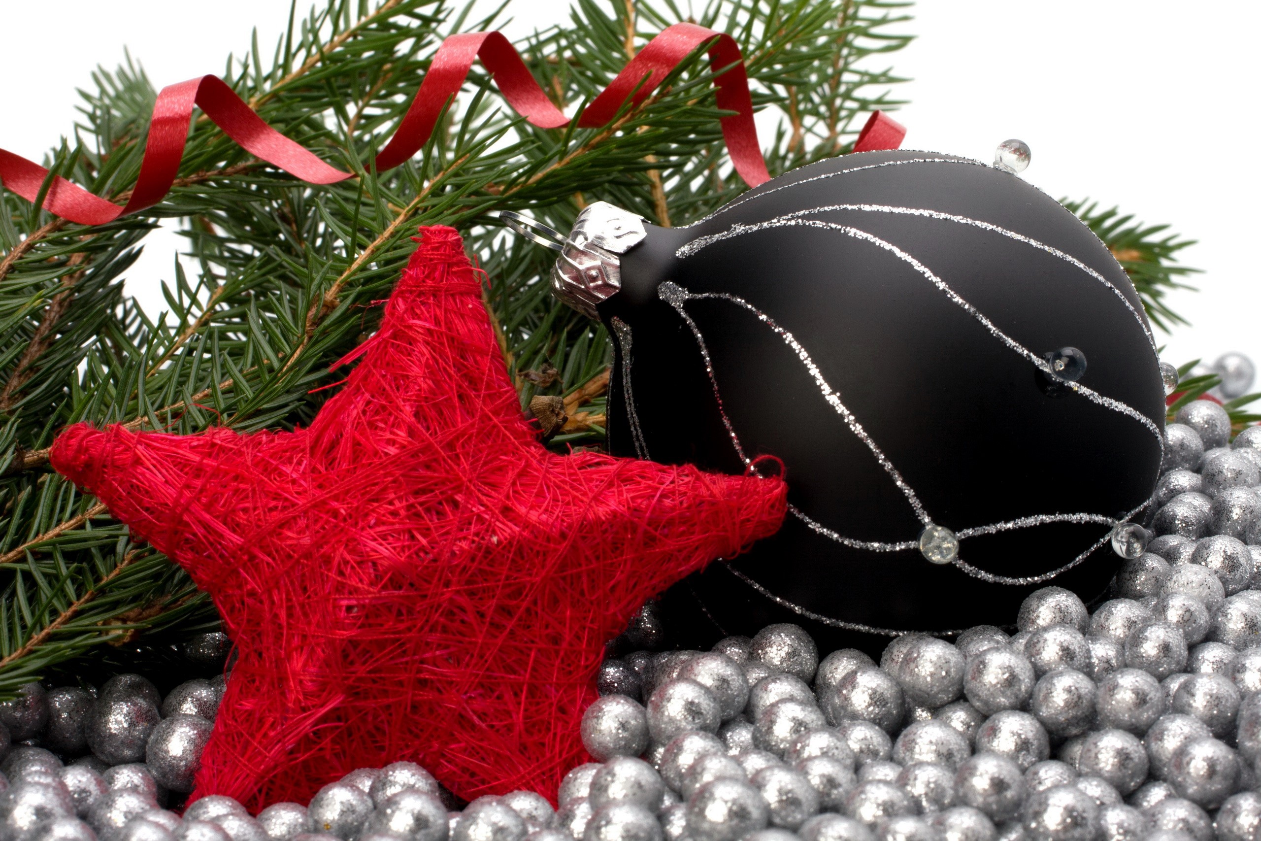 Christmas ornaments and pine branches HD Wallpaper