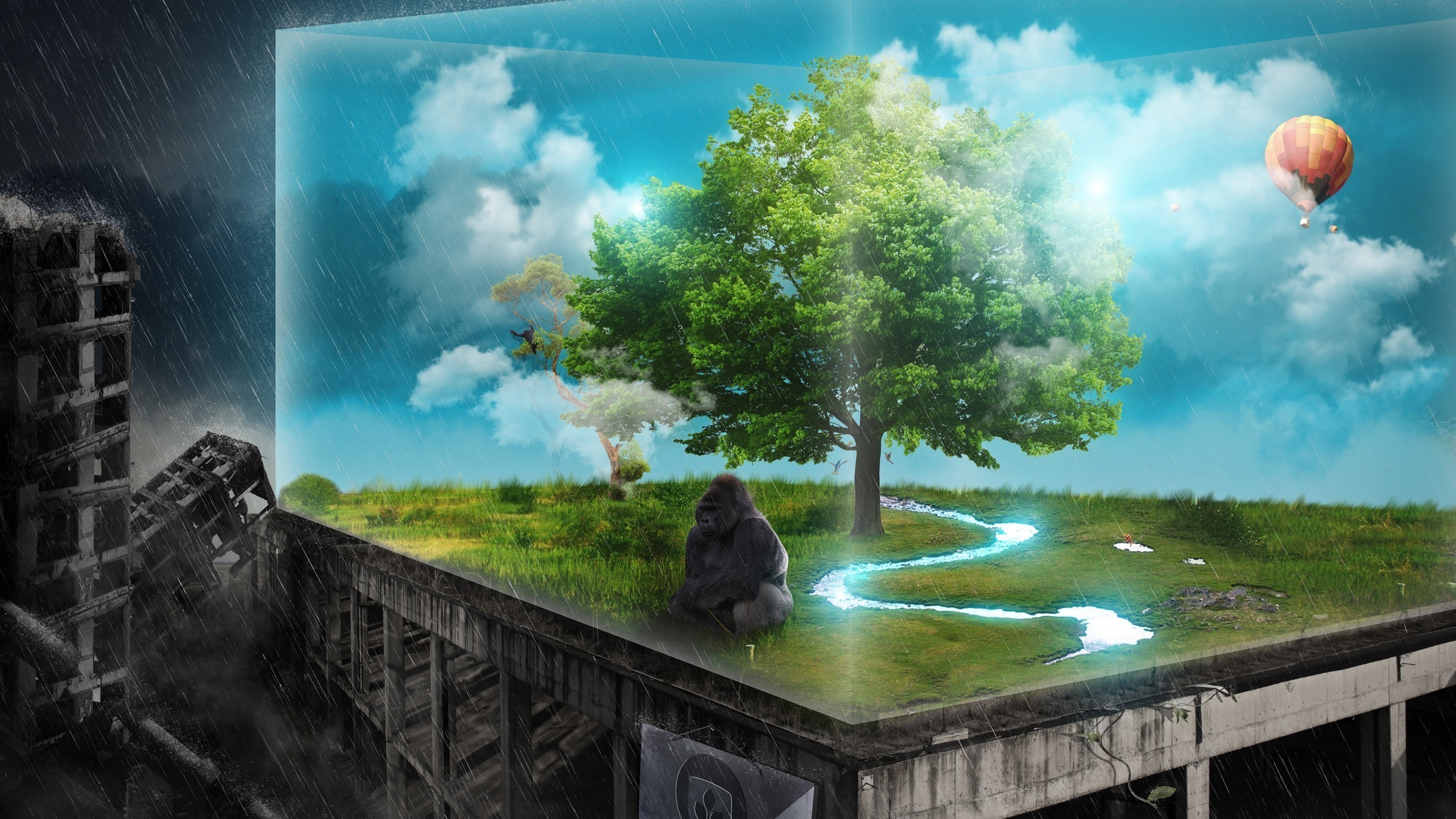 Gorilla in a surreal nature preserve on a ruined city rooftop HD Wallpaper