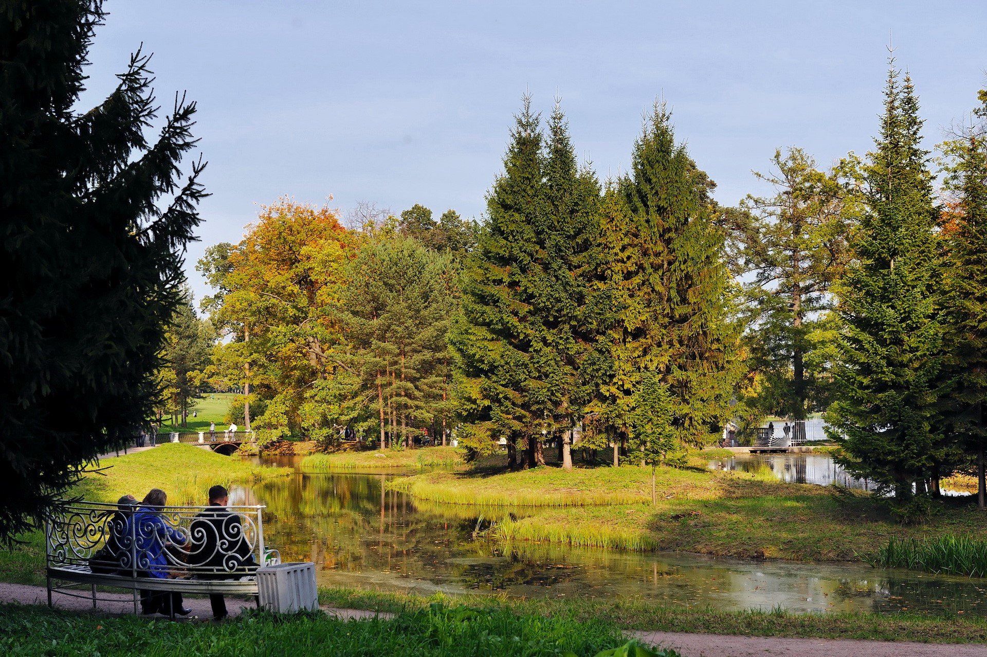 People sitting on a bench in a park by a lake HD Wallpaper