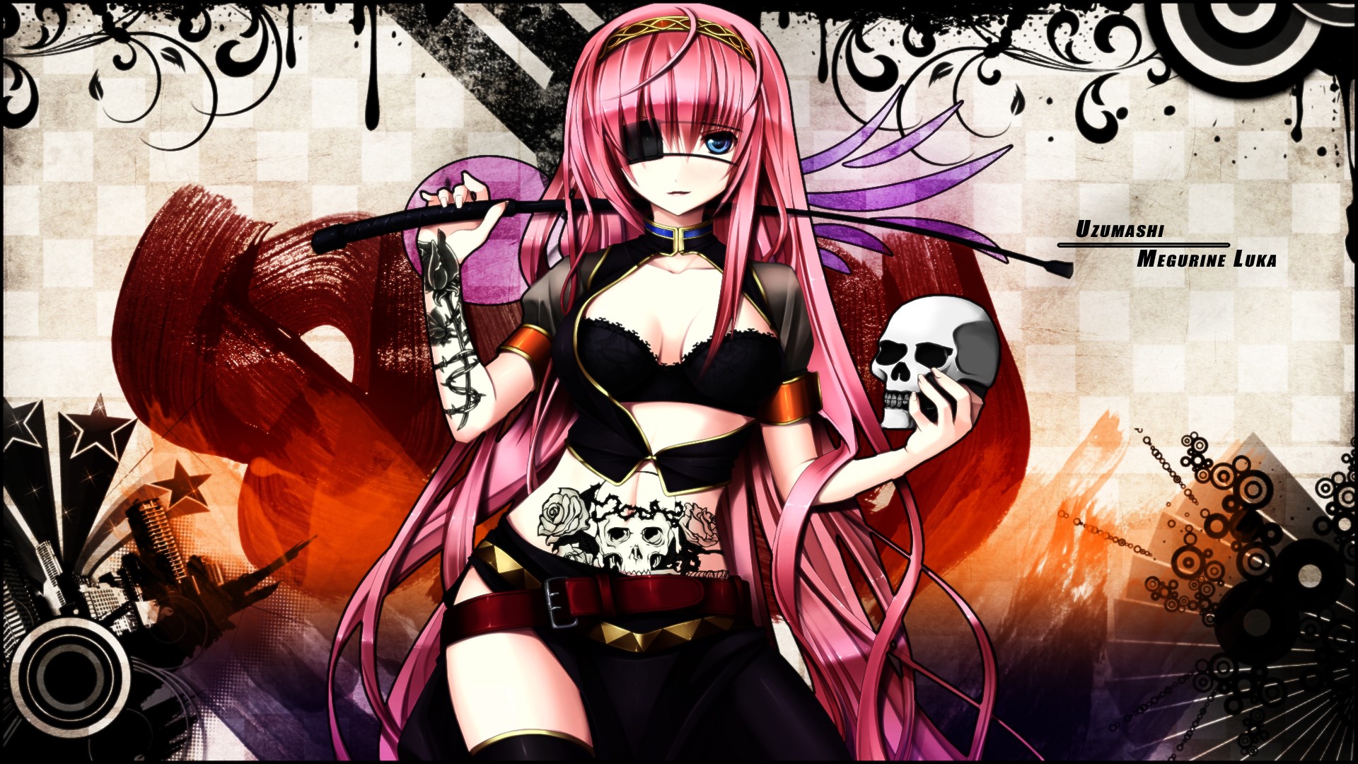 Megurine Luka from Vocaloid holding a skull and whip HD Wallpaper
