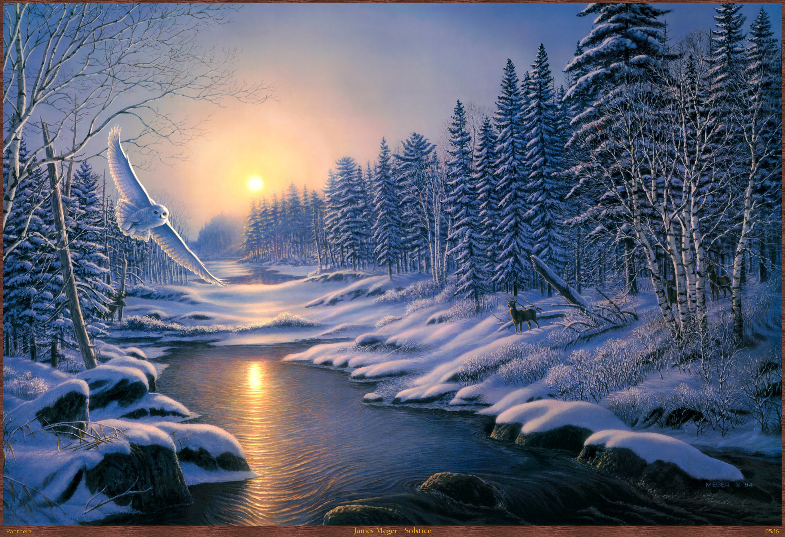 Snowy Owl Flying Over Winter River at Sunset HD Wallpaper