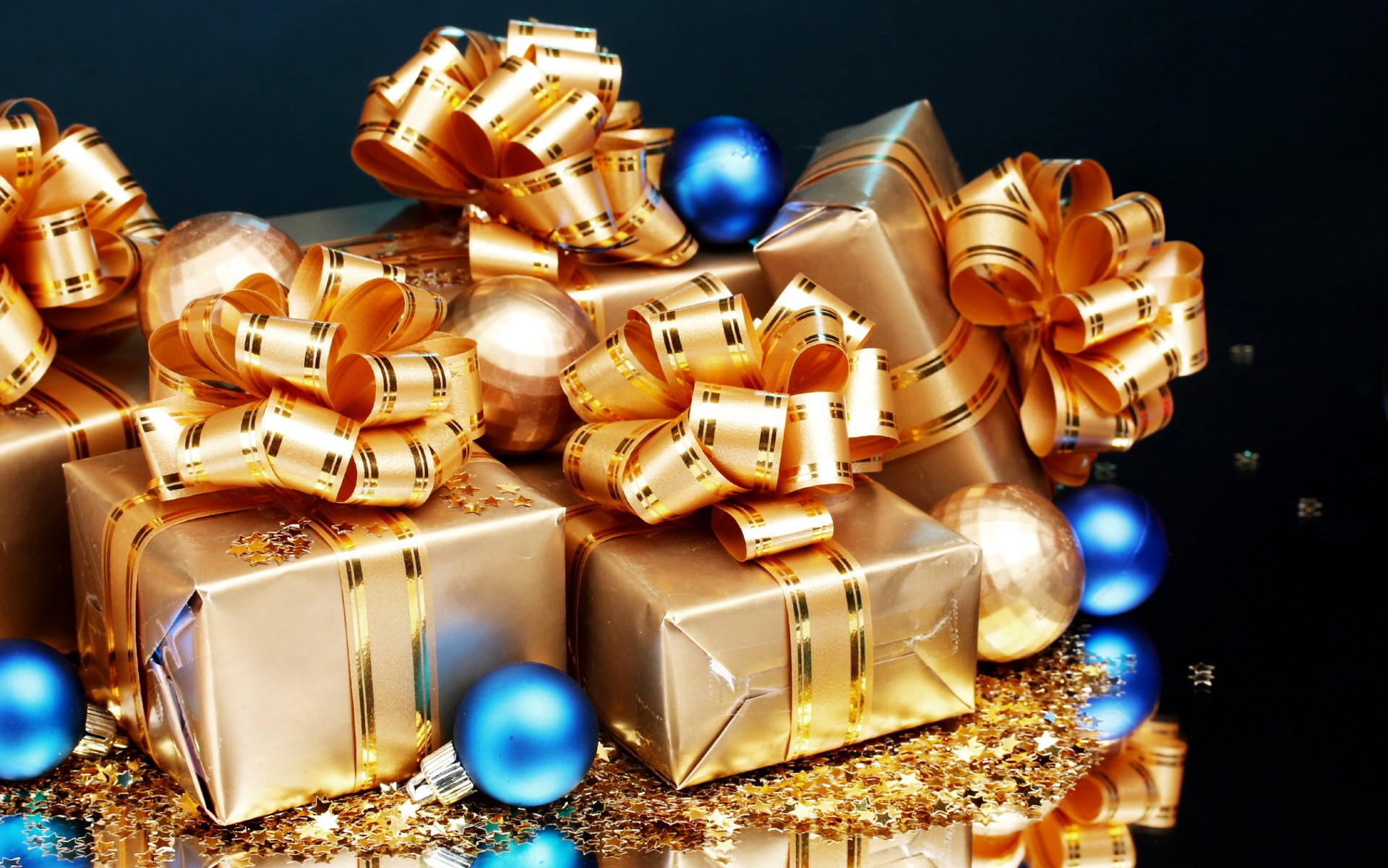 Golden Christmas Gifts with Blue Ornaments HD Wallpaper