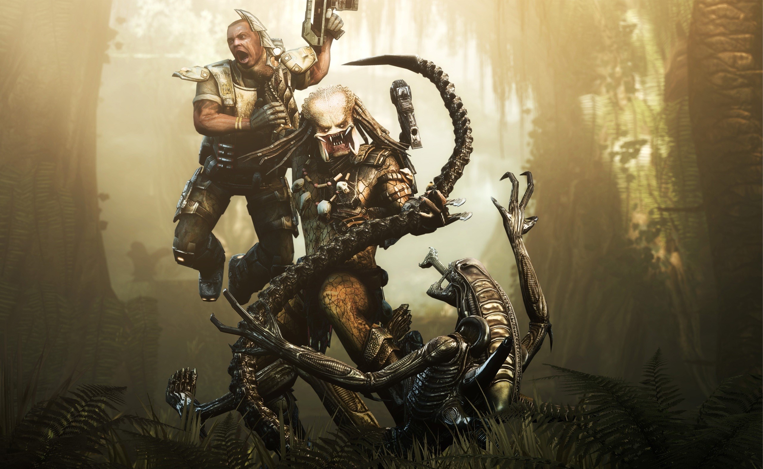 Predator and Alien fighting a soldier HD Wallpaper