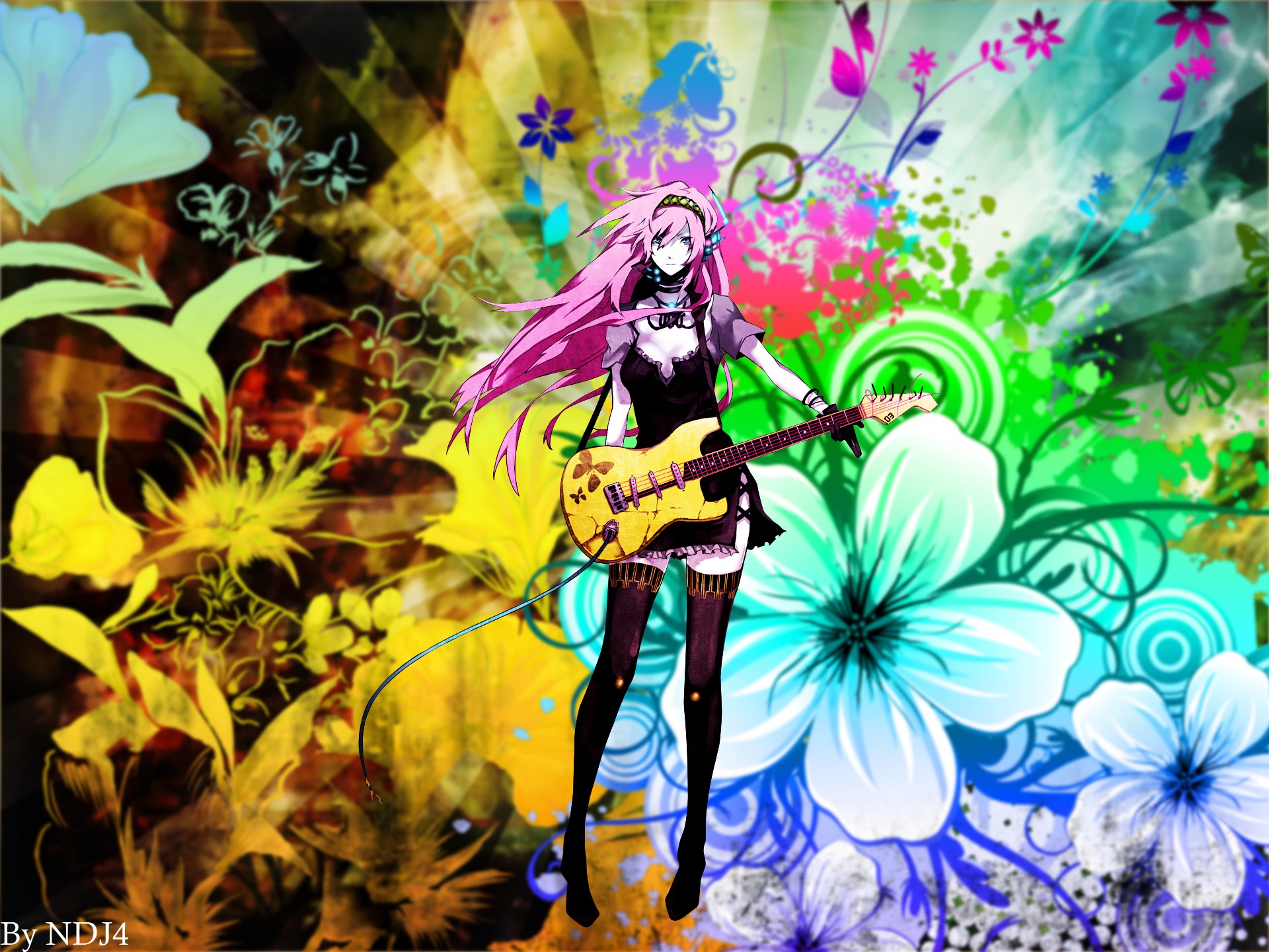 Vocaloid anime girl with pink hair playing guitar HD Wallpaper