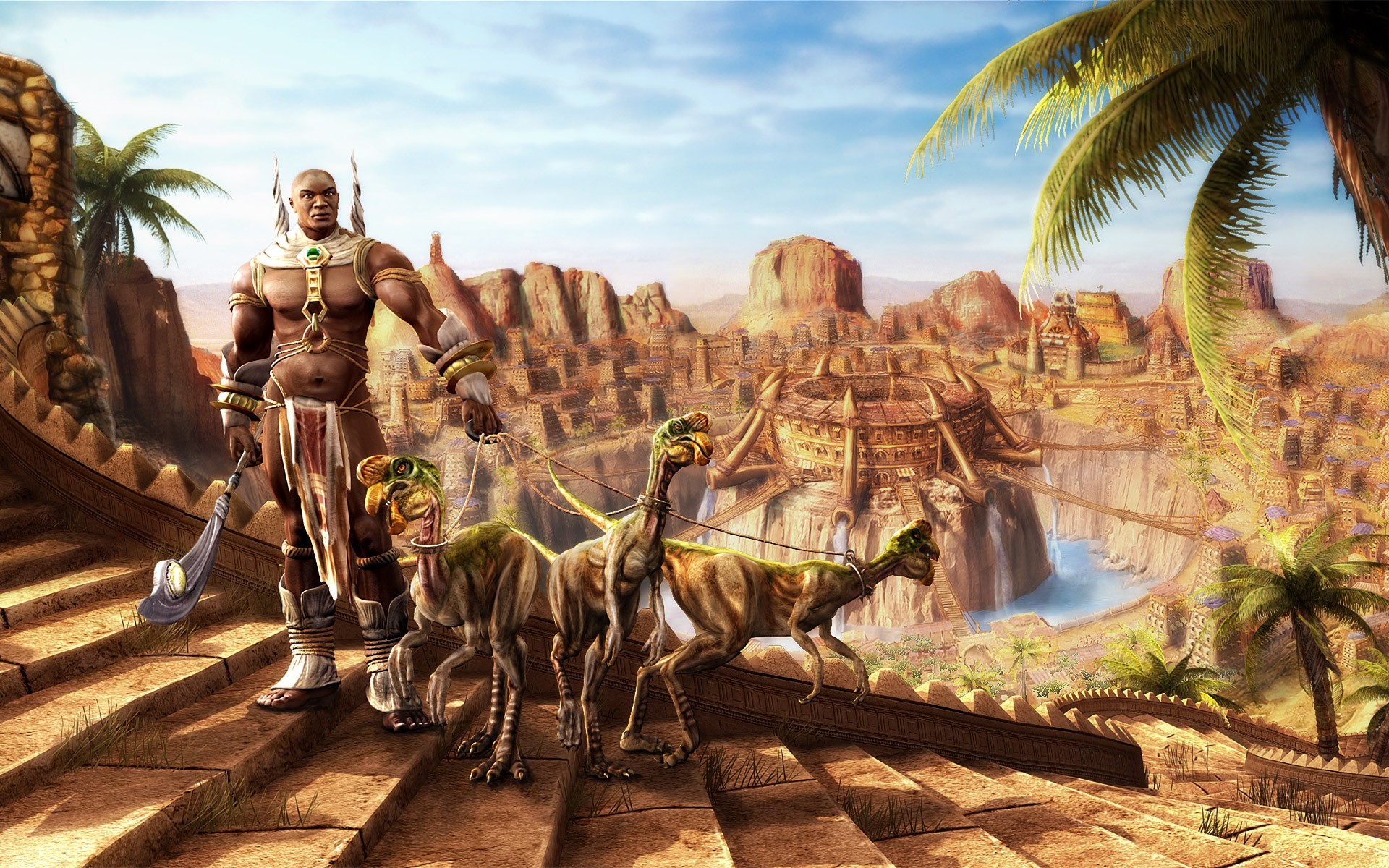 Warrior with raptor-like creatures in a desert city HD Wallpaper