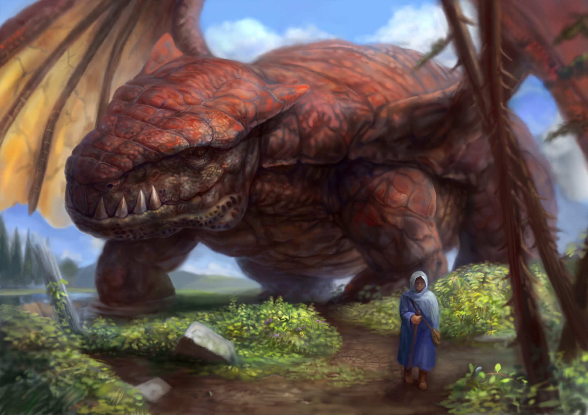 A giant red dragon looms over a person HD Wallpaper