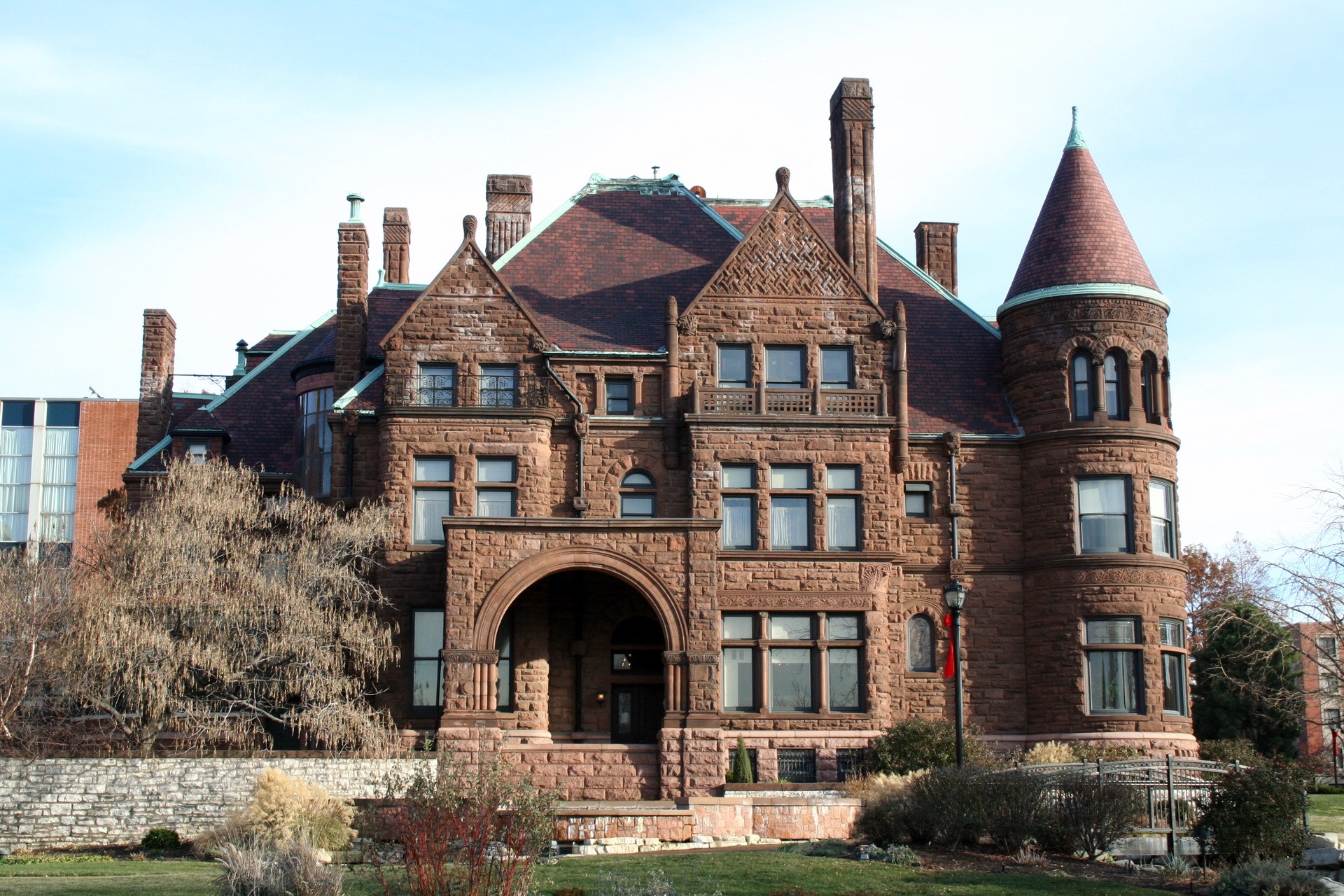 Stone Mansion with Turret and Chimneys HD Wallpaper