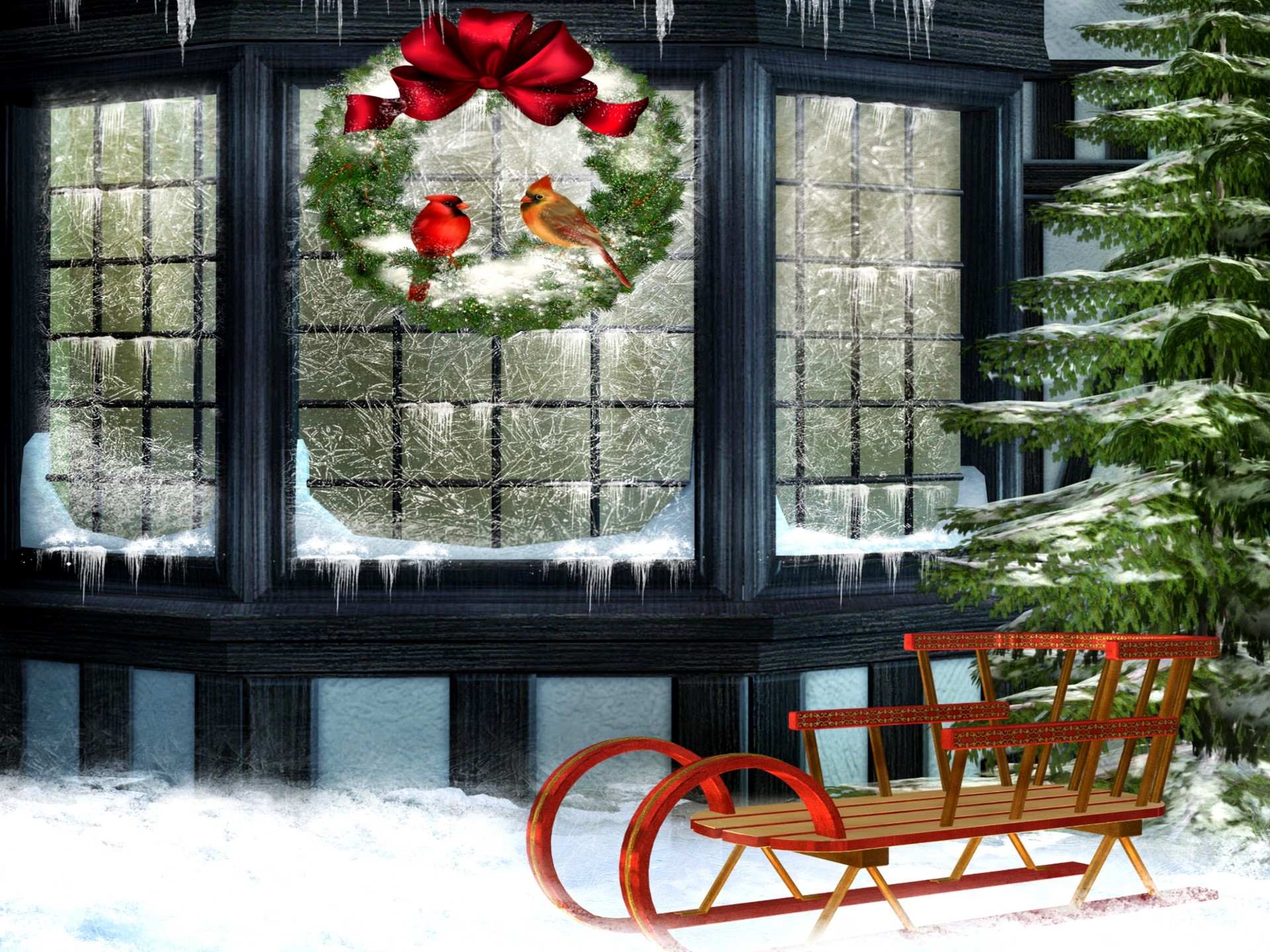 Christmas Wreath with Cardinals and Sled HD Wallpaper