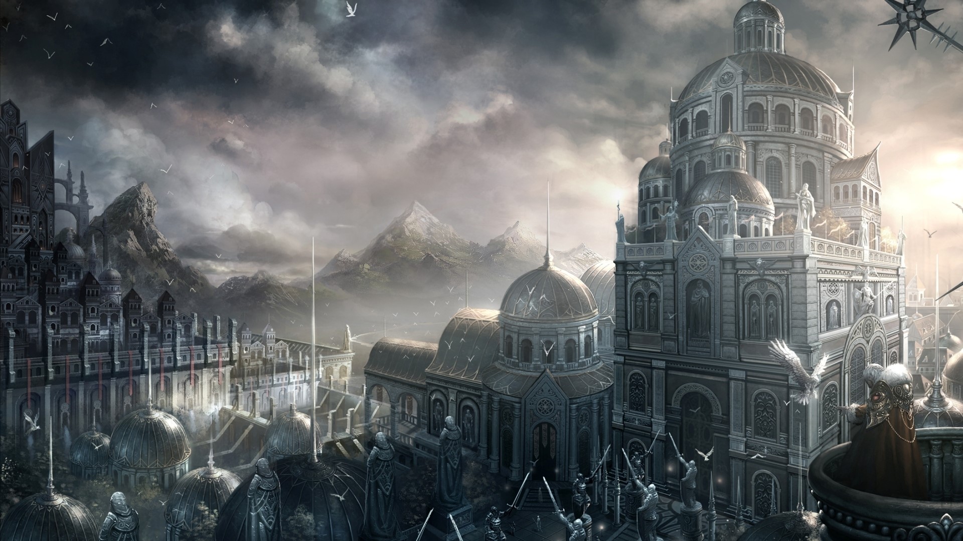 Fantasy city with grand architecture and mountains HD Wallpaper
