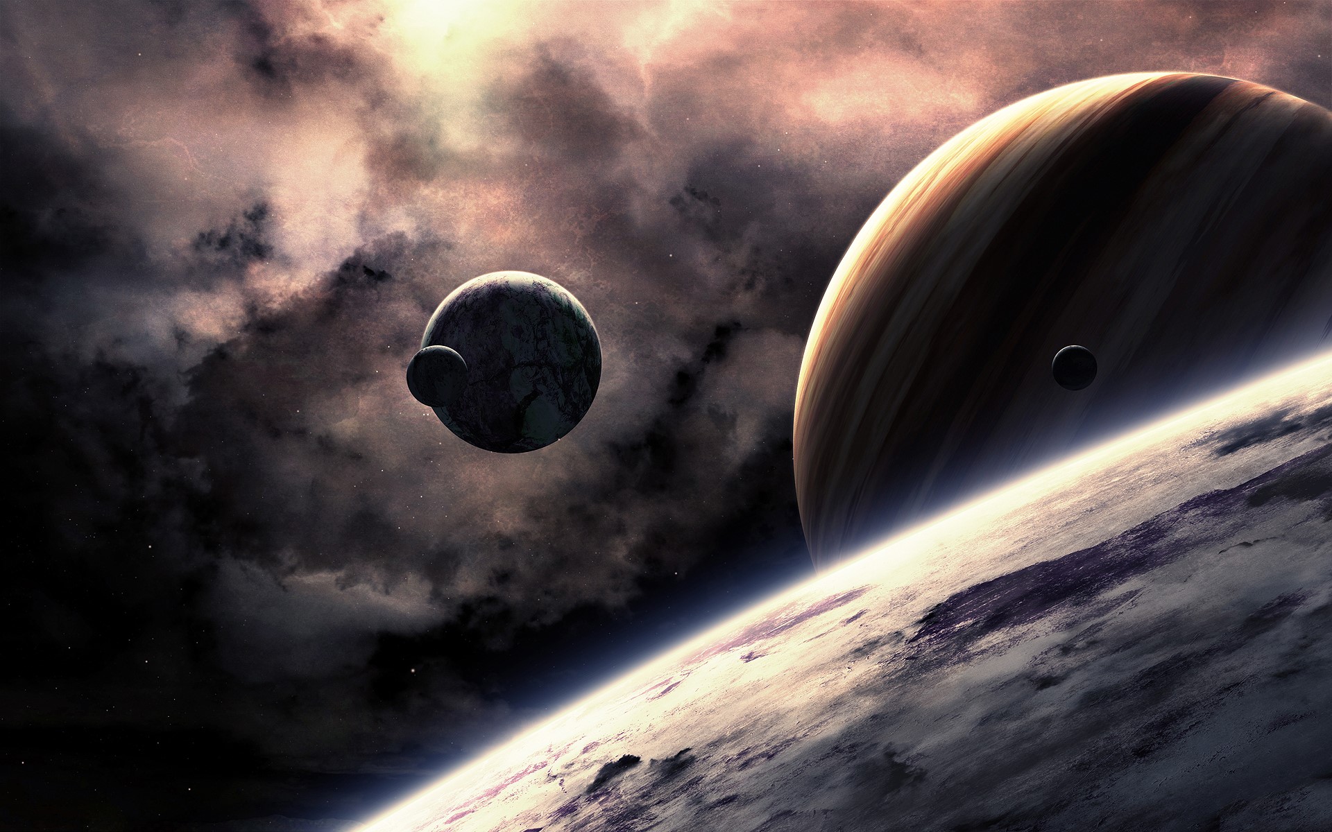 Planets and moons in space with clouds HD Wallpaper