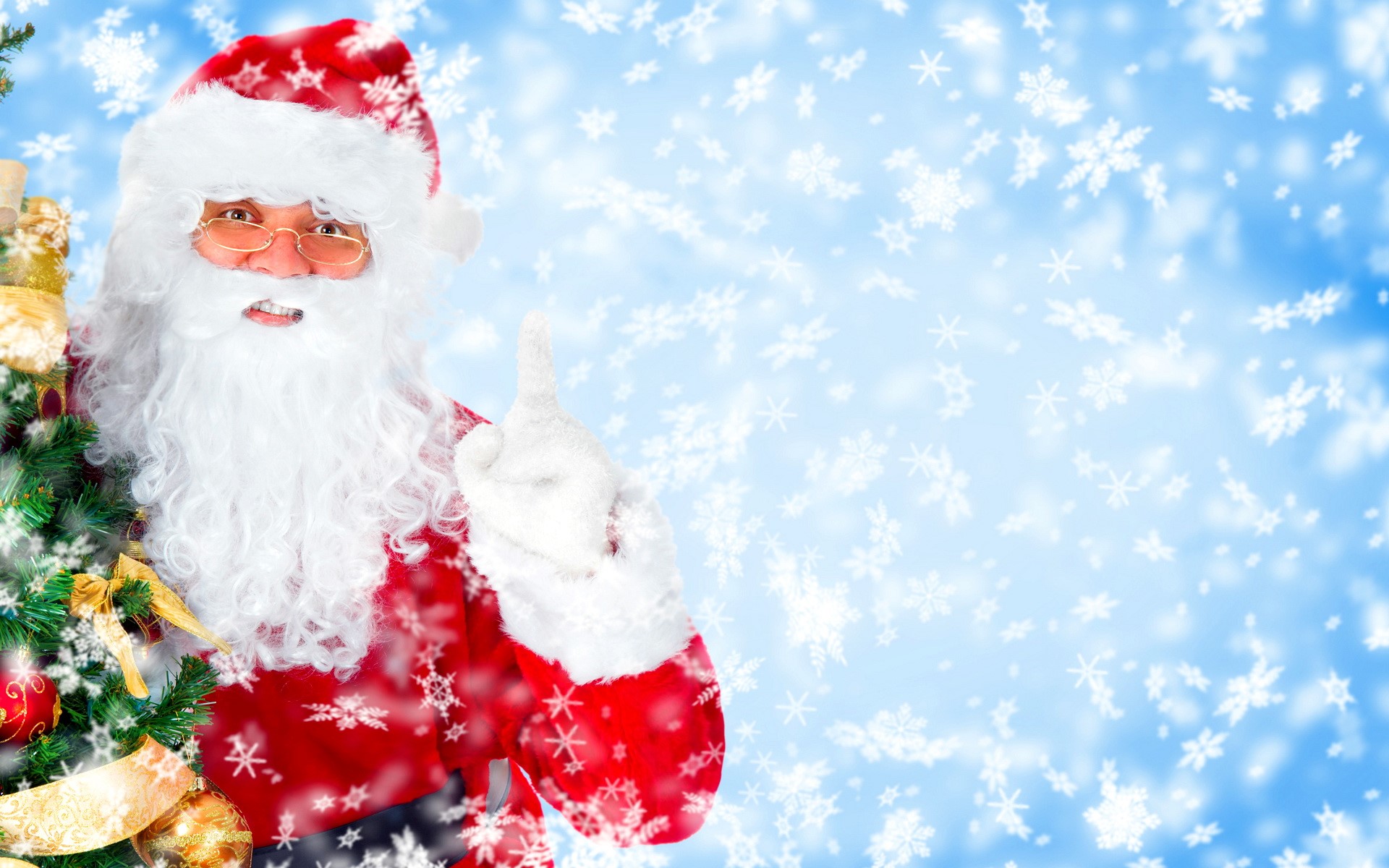 Santa Claus with Christmas Tree and Snowflakes HD Wallpaper