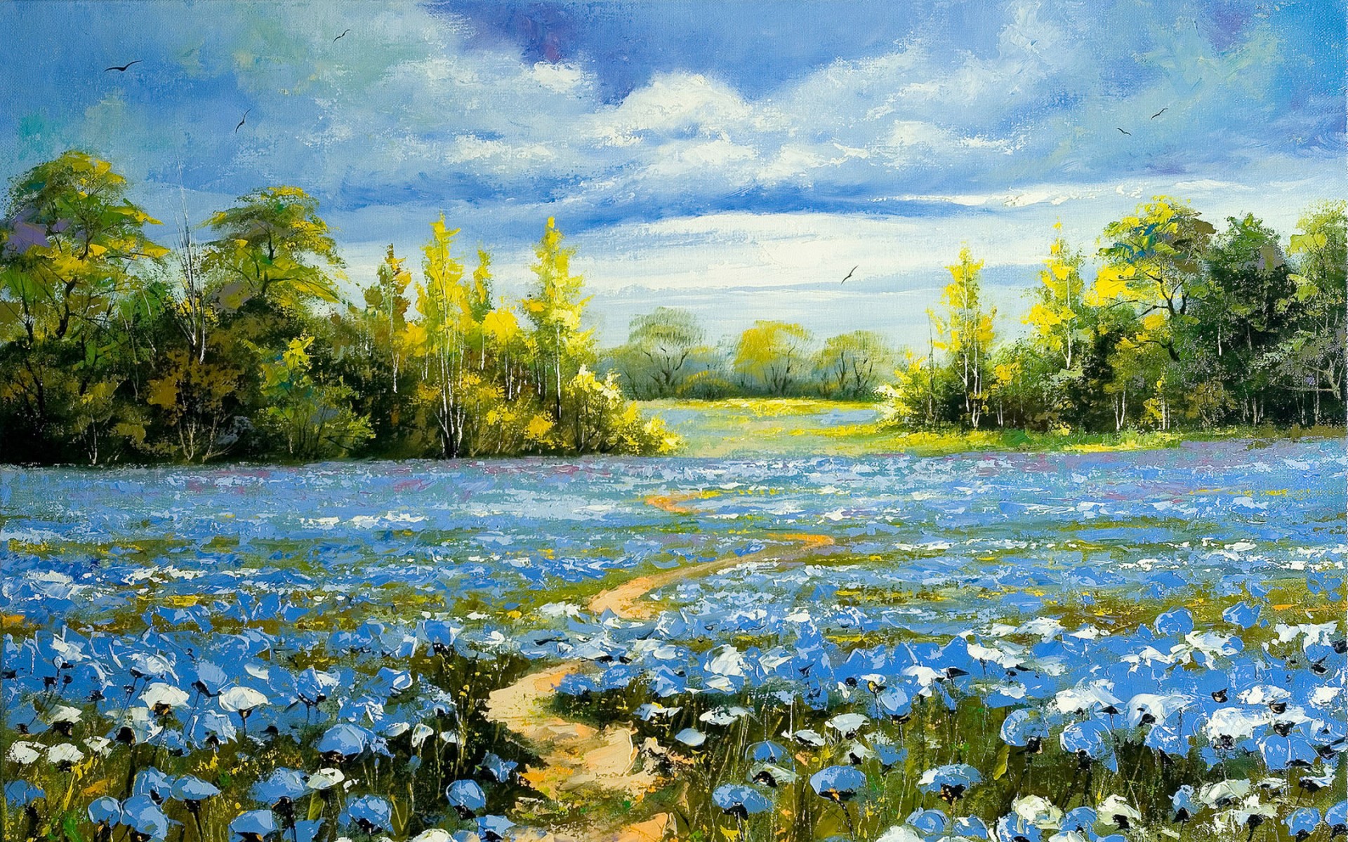 A field of blue flowers with a path and trees HD Wallpaper