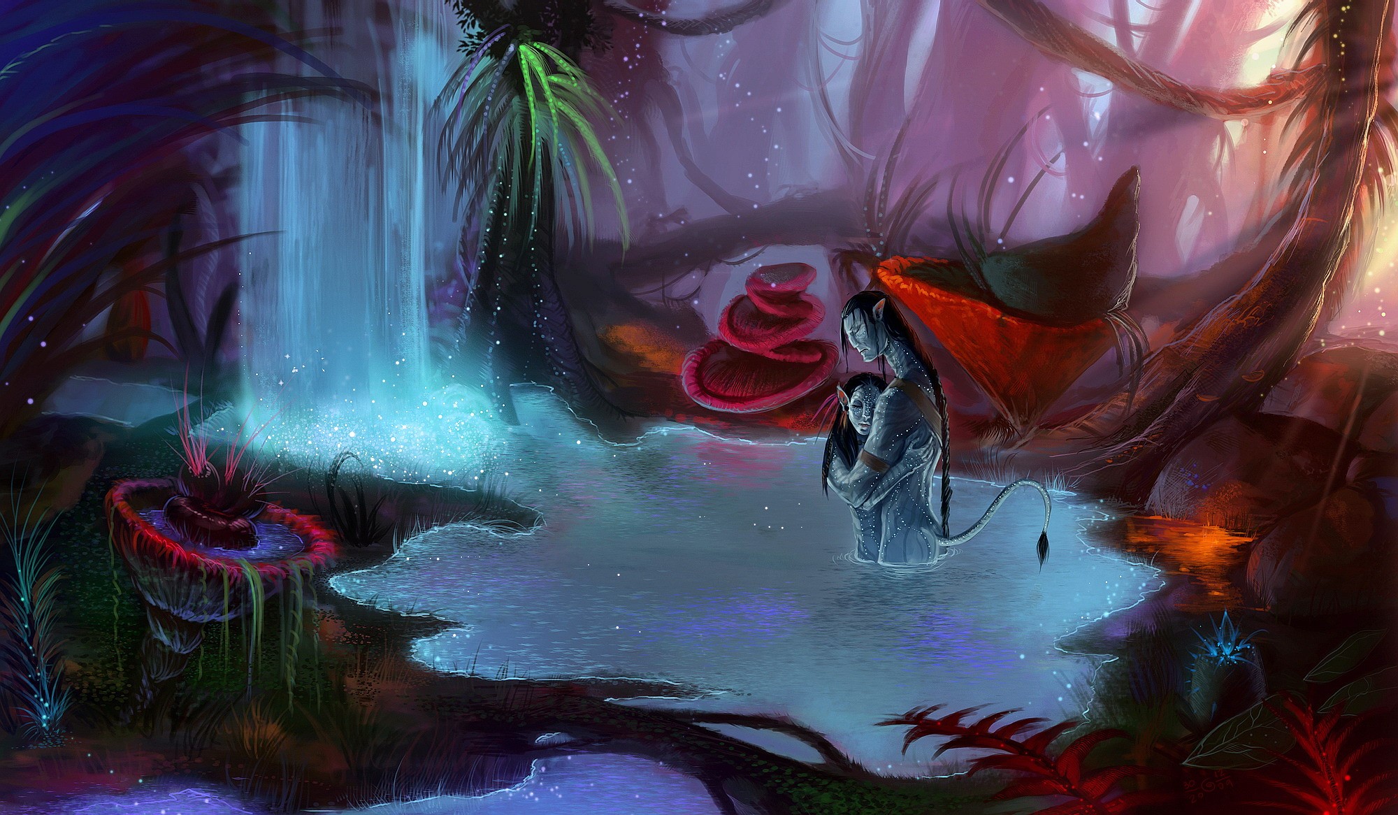 Two Na'vi embracing in a bioluminescent forest from Avatar HD Wallpaper