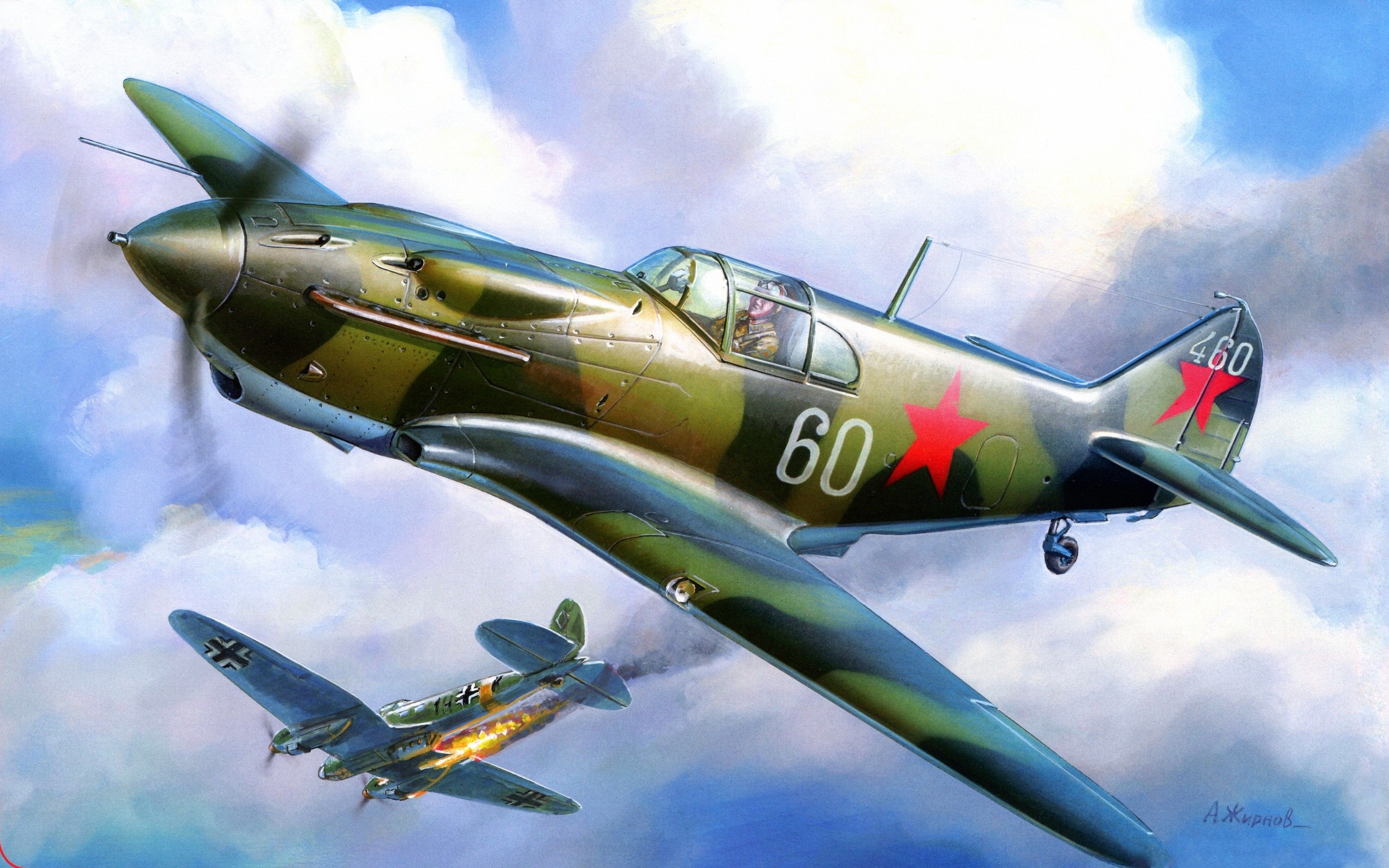 Soviet fighter plane attacking a German bomber HD Wallpaper