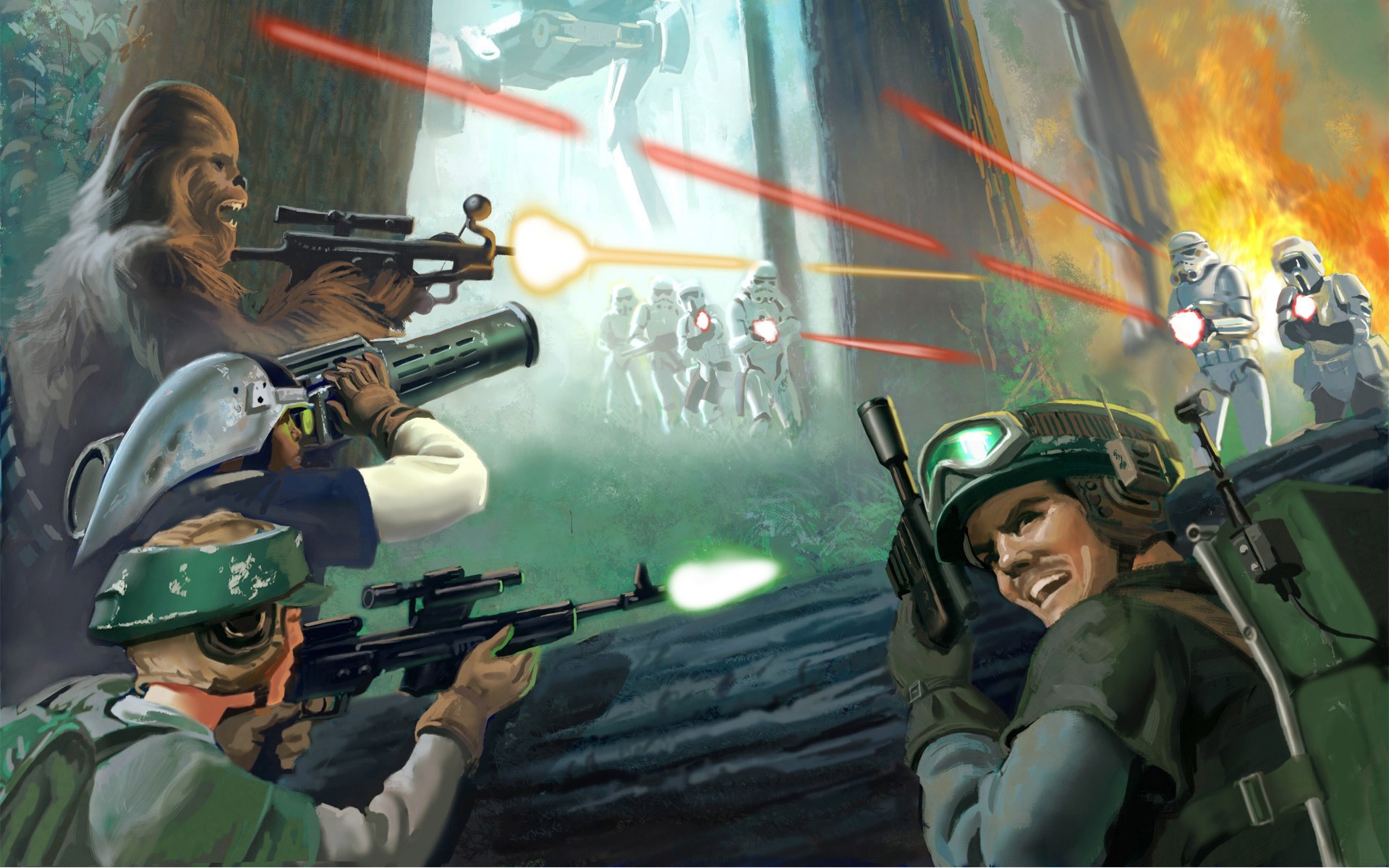 Star Wars Battle Scene with Rebels and Stormtroopers HD Wallpaper