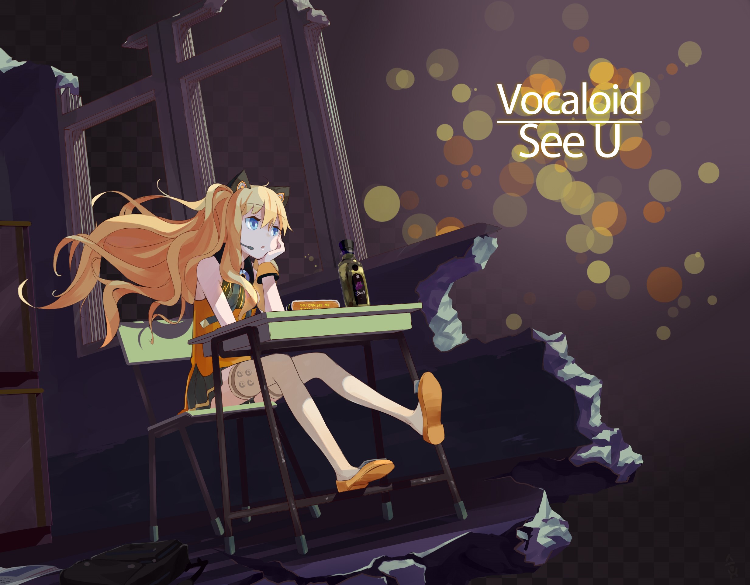 Vocaloid See U sitting at a desk in ruins HD Wallpaper