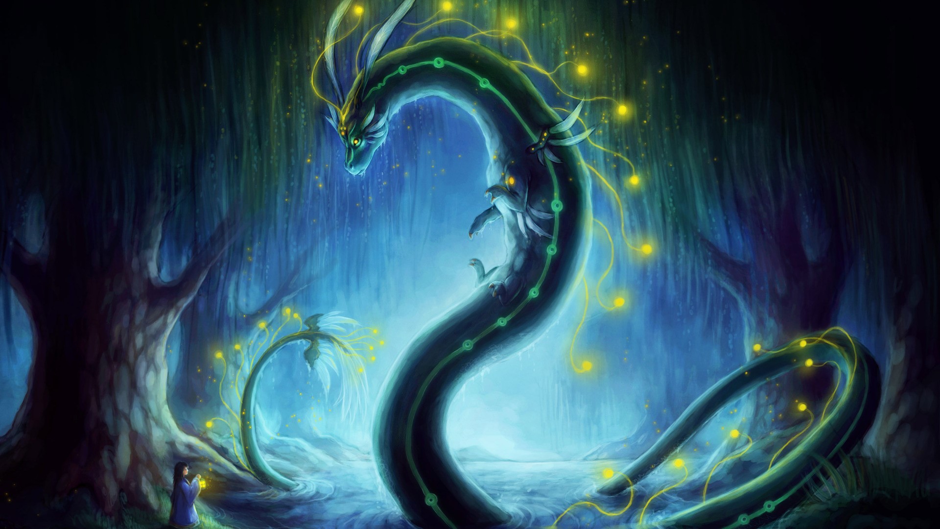 Dragon in a magical forest with a girl HD Wallpaper