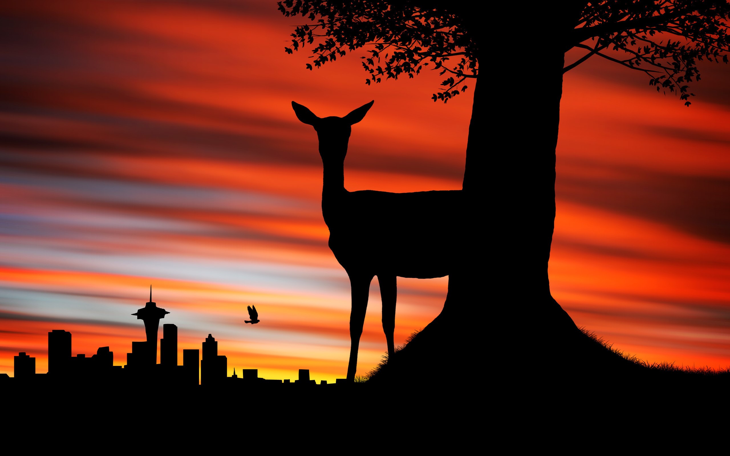 Deer and city skyline at sunset HD Wallpaper