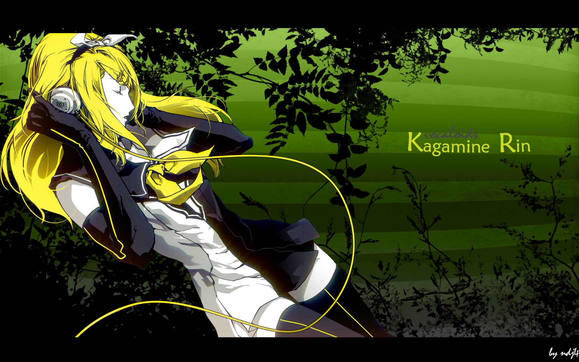 Kagamine Rin from Vocaloid listening to music HD Wallpaper