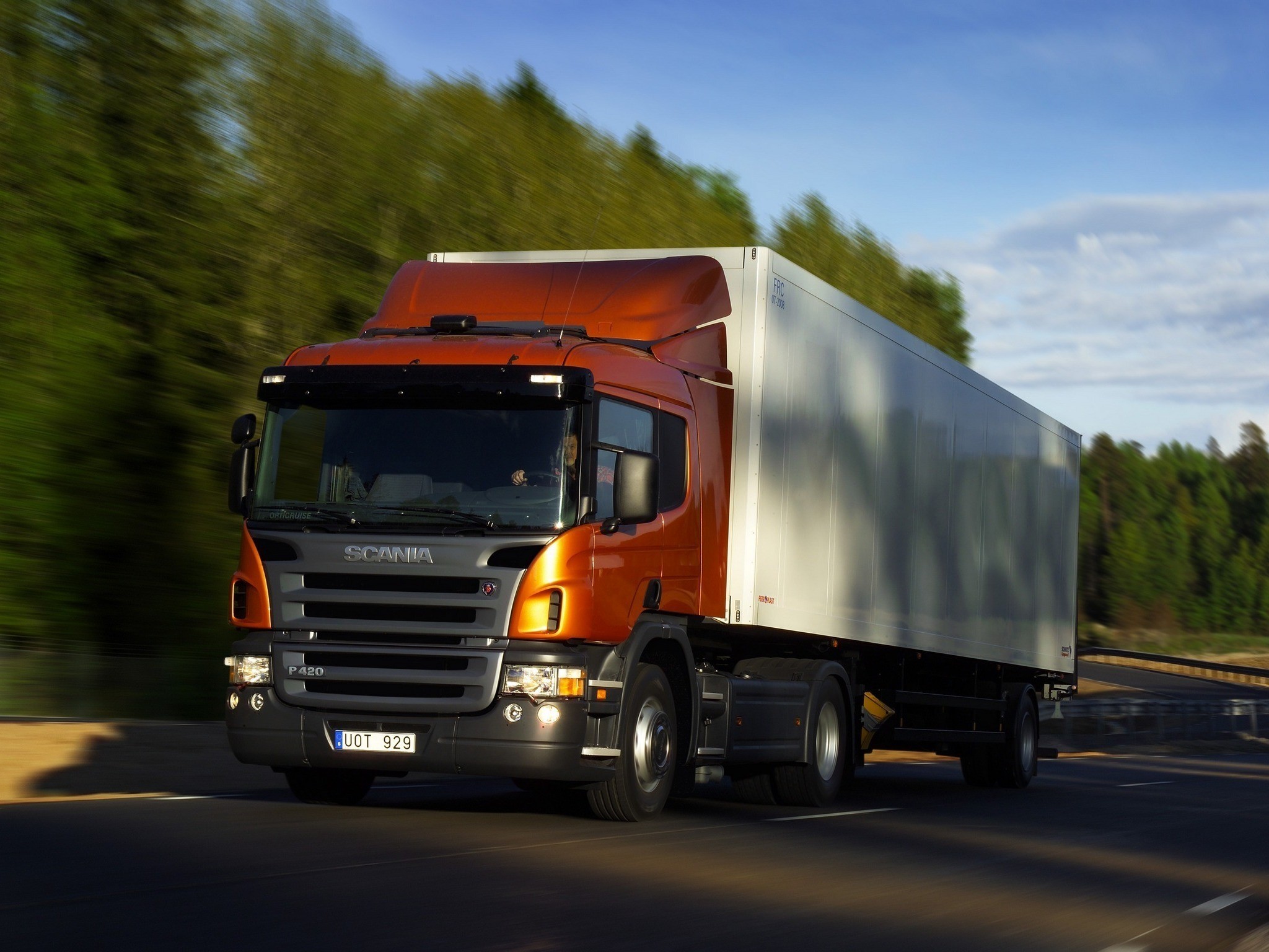 Orange Scania P420 truck with trailer on road HD Wallpaper
