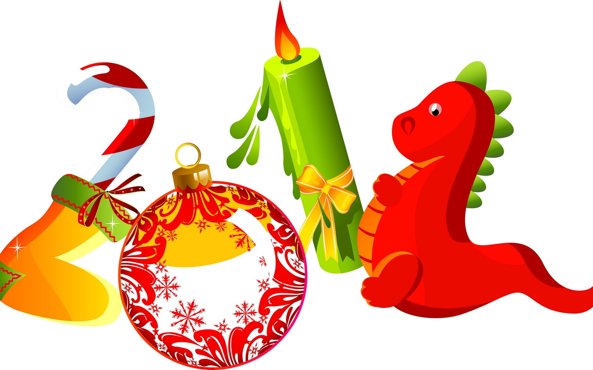 Christmas decorations: candy cane, stocking, ornament, candle, and dragon HD Wallpaper