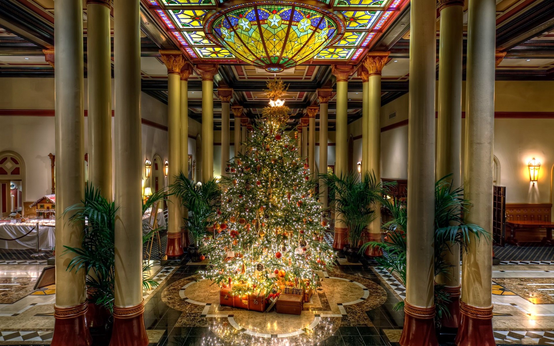 Christmas Tree in a Grand Hall with Stained Glass Ceiling HD Wallpaper