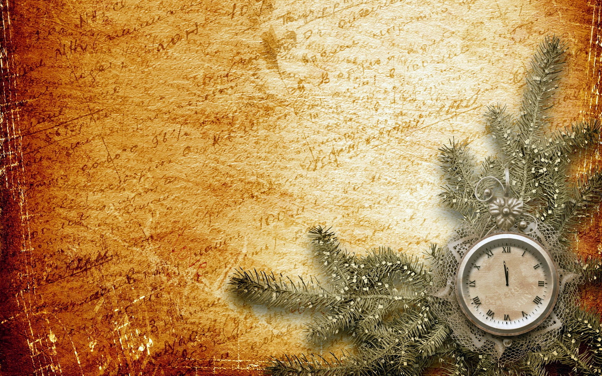 Christmas Fir Branch with Clock on Vintage Paper HD Wallpaper