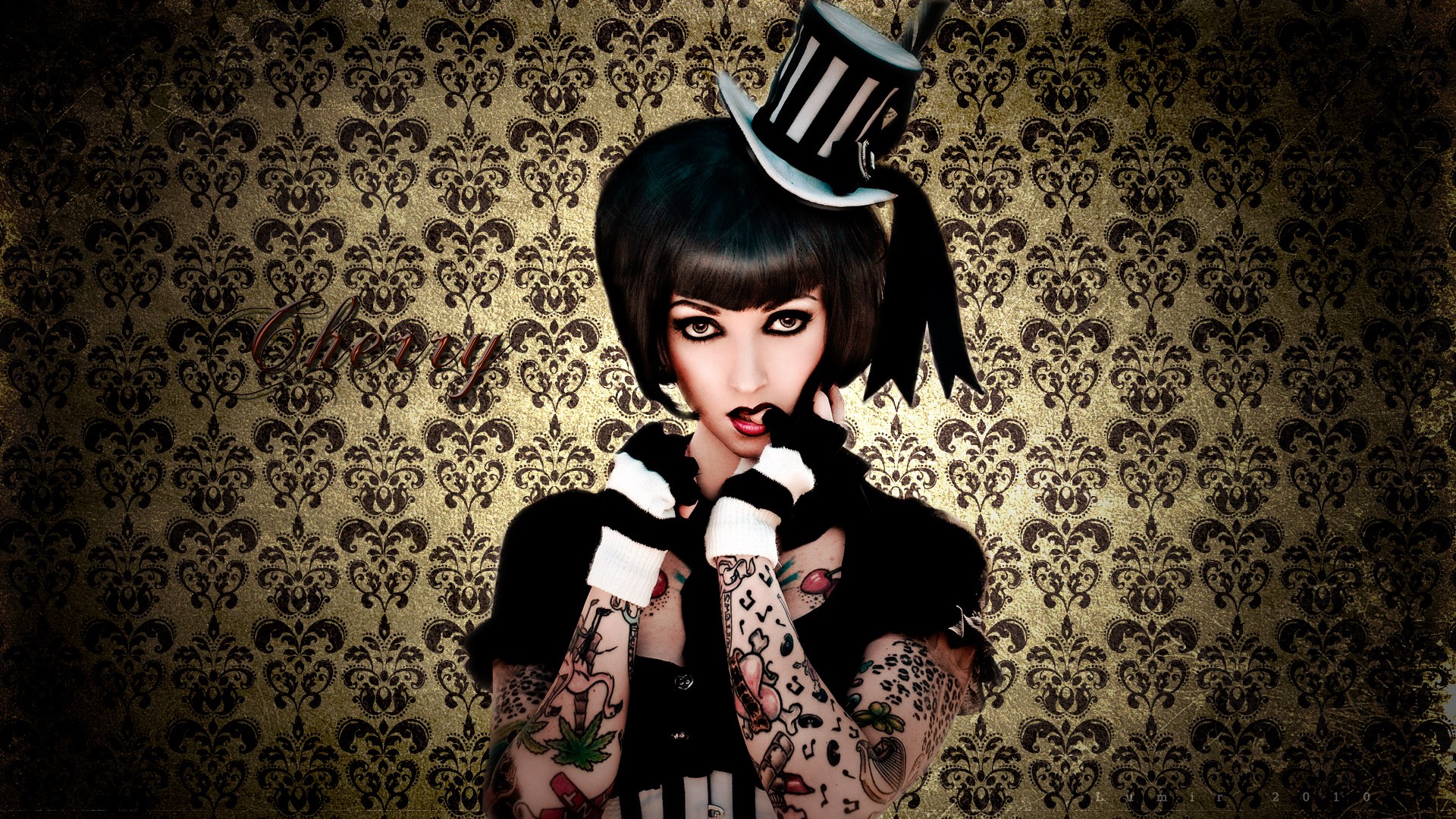 Woman with tattoos and top hat HD Wallpaper