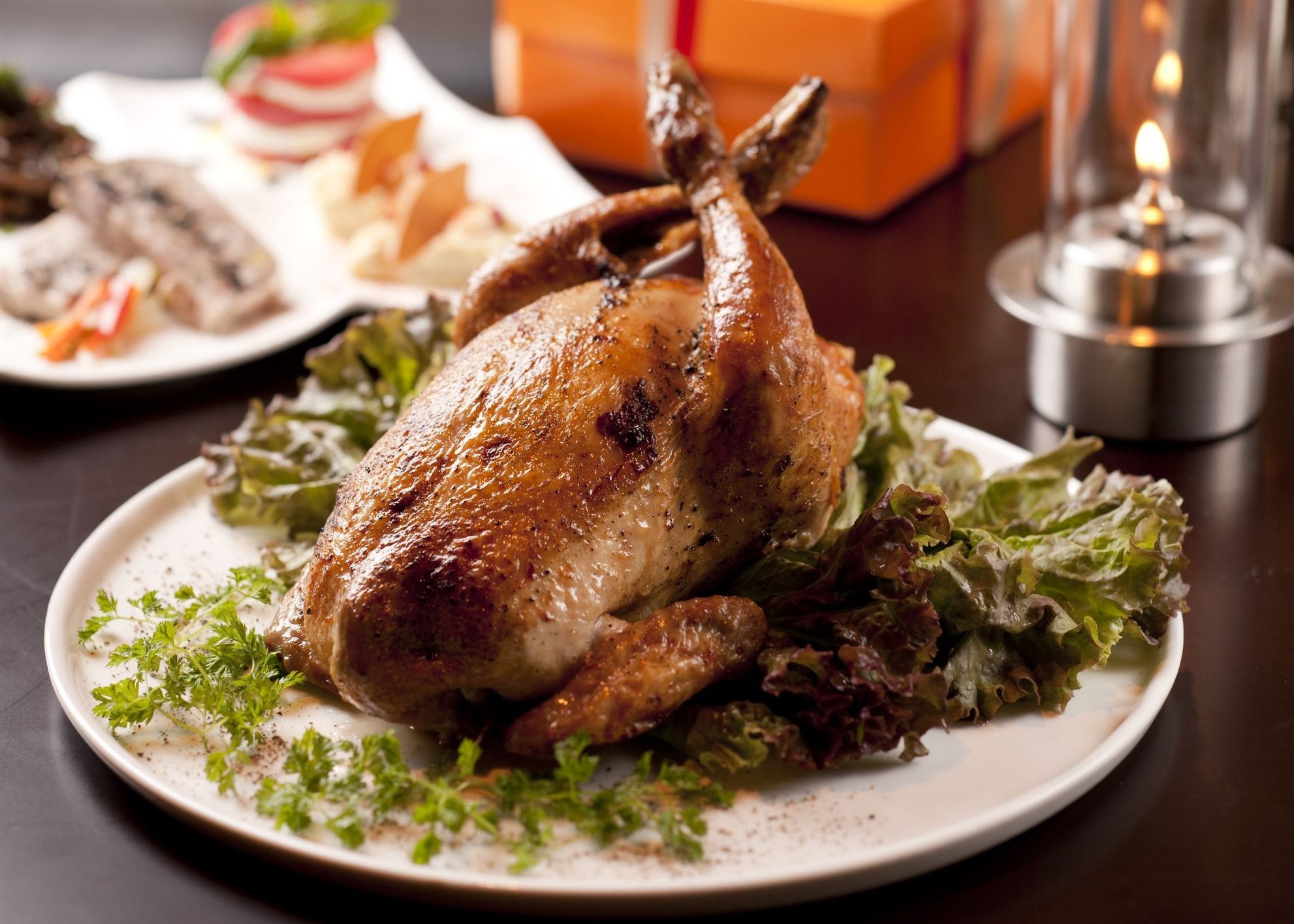 Whole Roasted Chicken with Salad and Side Dishes HD Wallpaper