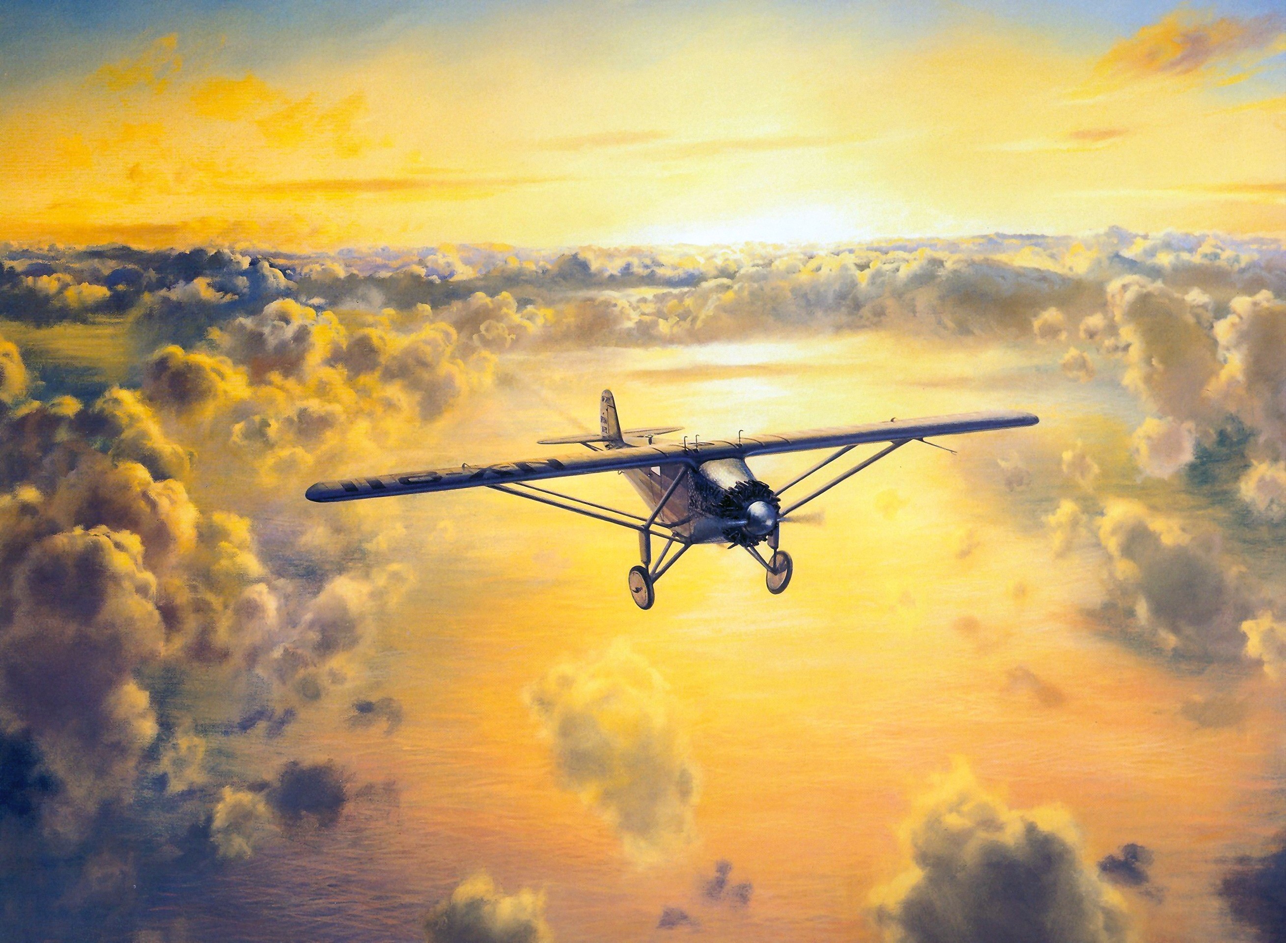 Painting of a small airplane flying through clouds at sunset HD Wallpaper