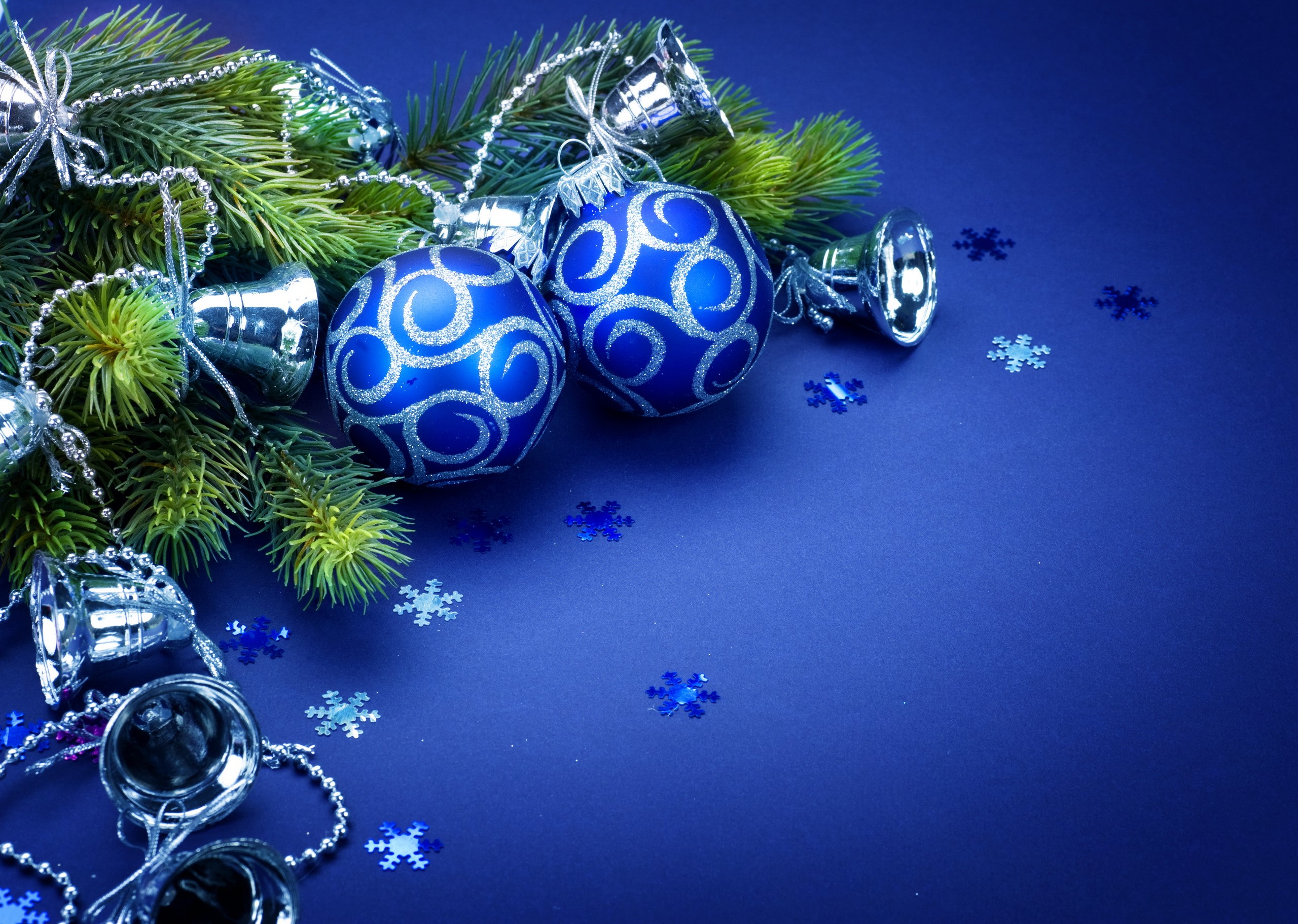 Christmas Ornaments and Pine Branch on Blue Background HD Wallpaper