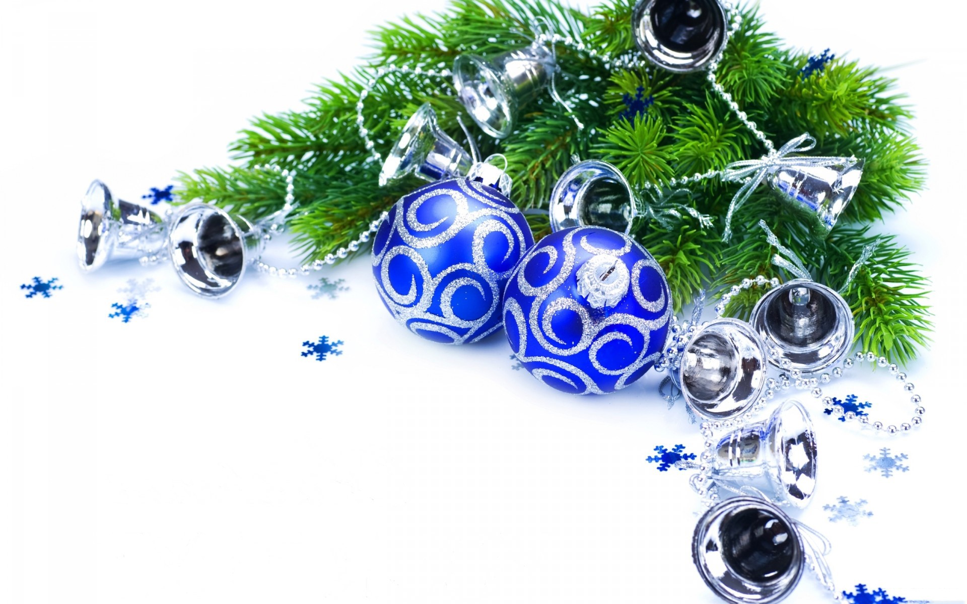 Christmas ornaments and pine branches on white background HD Wallpaper