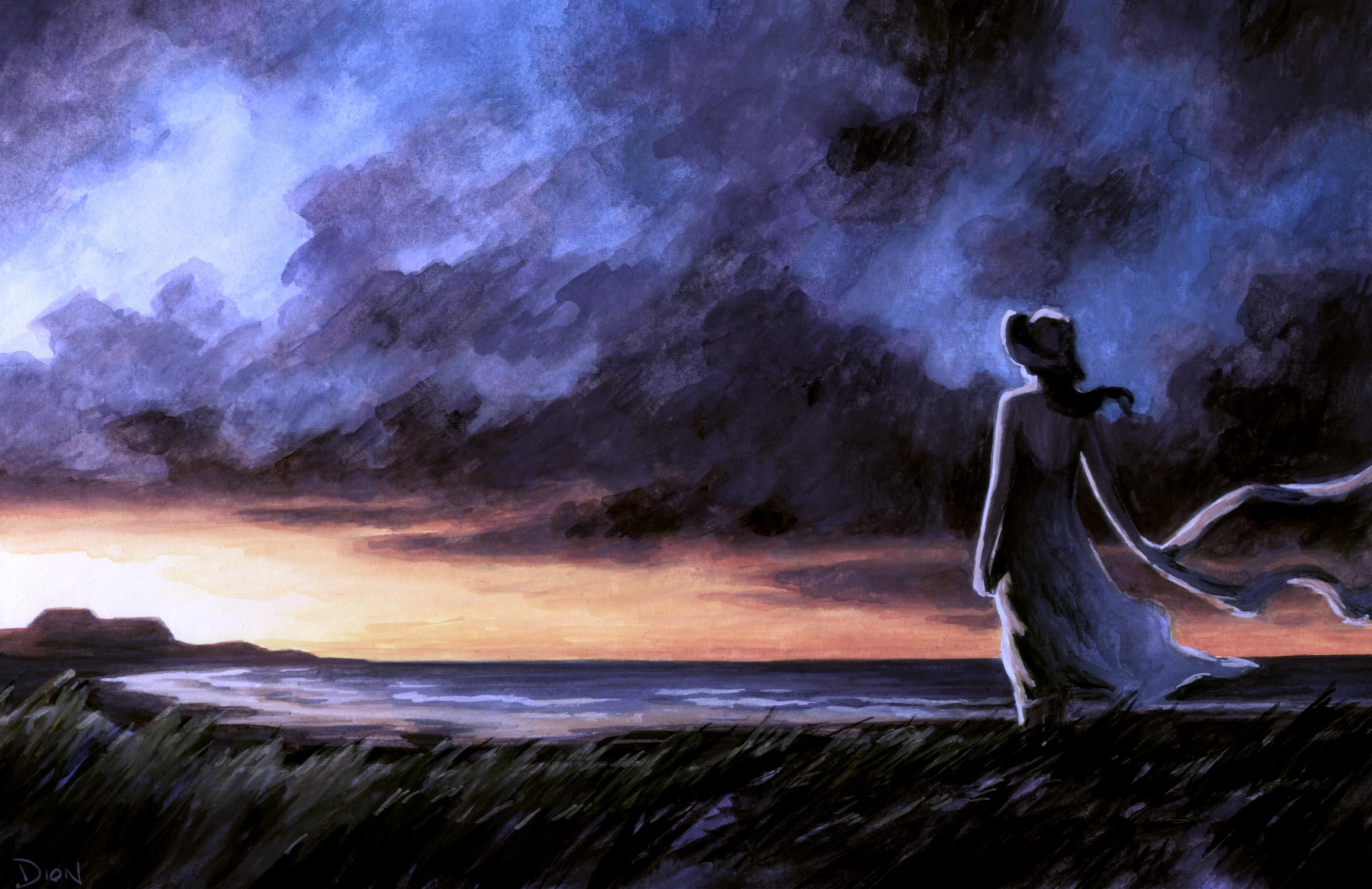 Woman in a dress on a beach at sunset HD Wallpaper