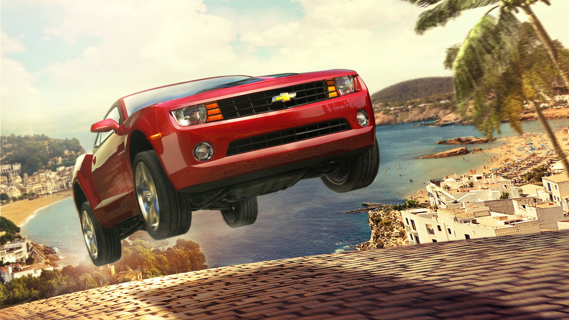 Red Chevrolet Camaro jumping over a cliff HD Wallpaper