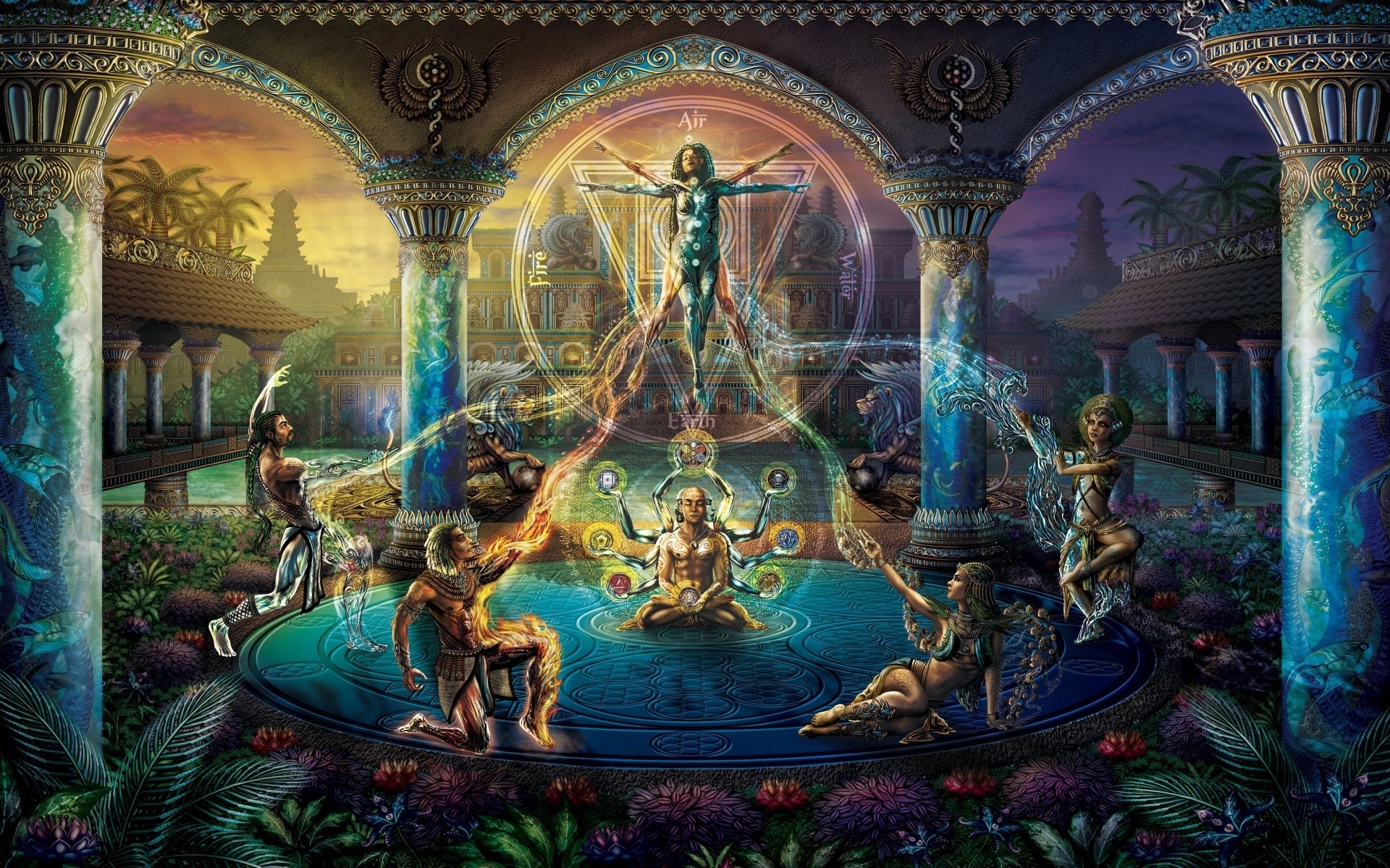 Vitruvian Man and Elemental Beings in Mystical Courtyard HD Wallpaper