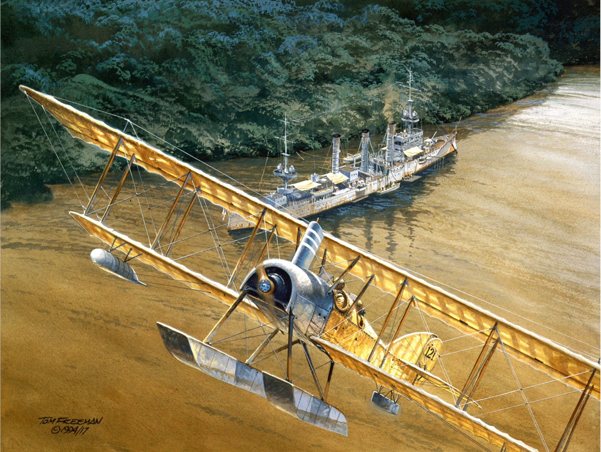 Biplane flying over a warship in a river HD Wallpaper