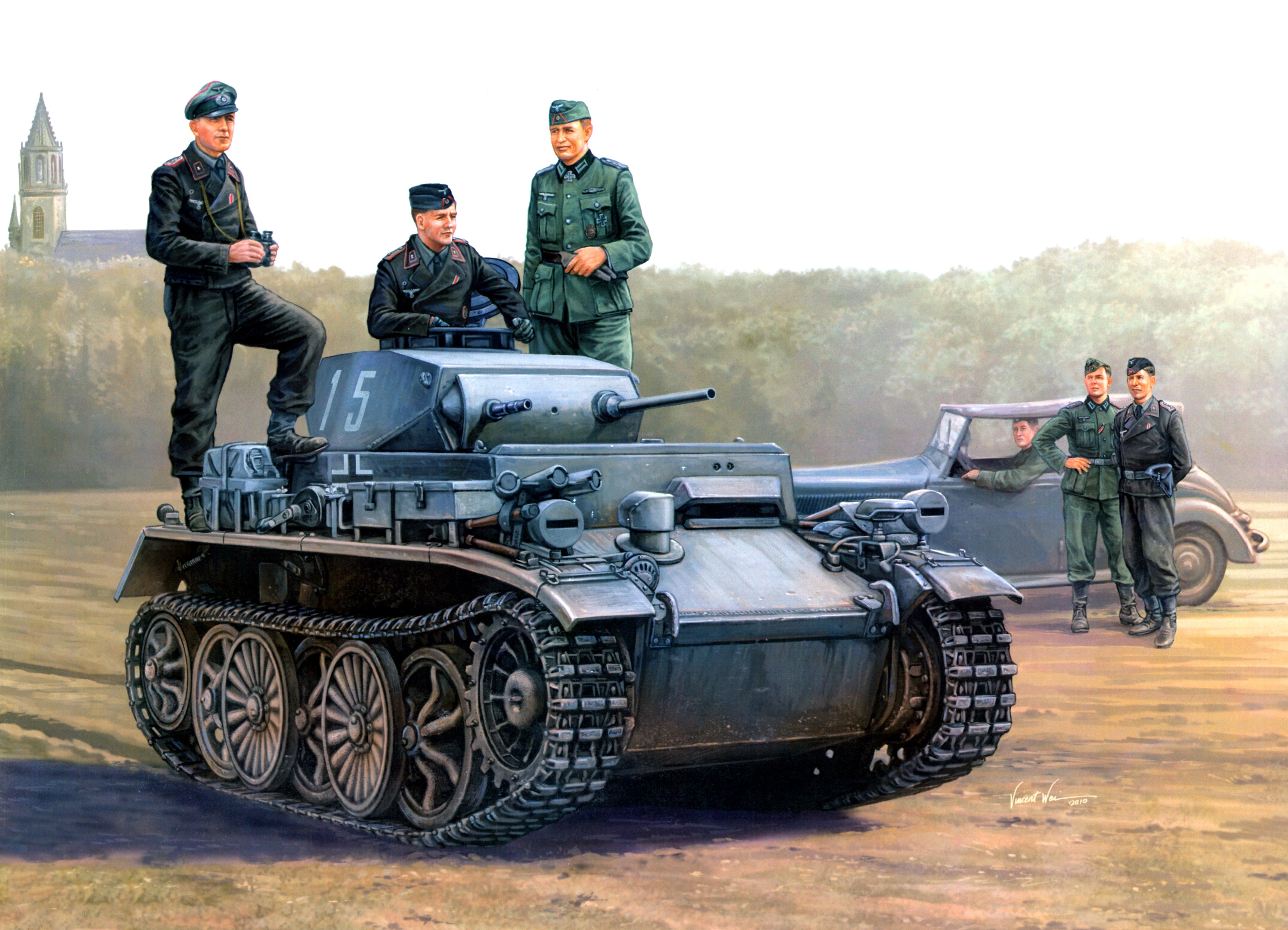 German Soldiers with Panzer II Tank and Car HD Wallpaper
