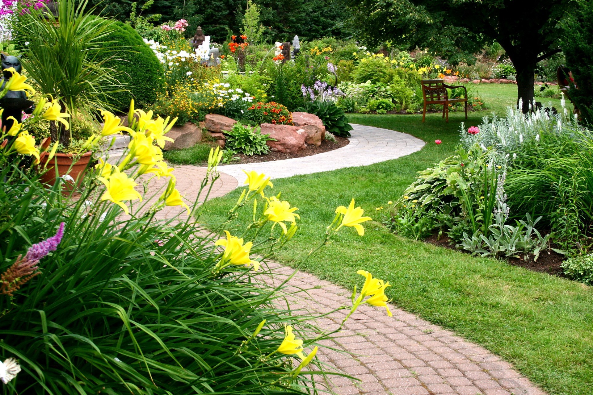 Beautiful garden with winding path and yellow flowers HD Wallpaper